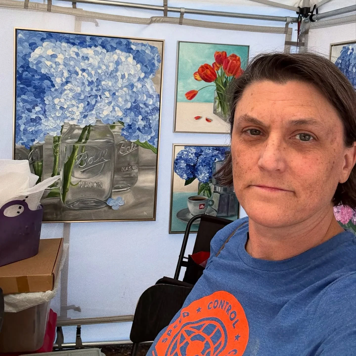 Like night and day from last weekend&rsquo;s windy attempted set up to today, yet only 15 miles apart! Took about an hour to set up my tent and mesh panels which is to be expected. Another hour to hang all the art. Thrilled about the lovely, crisp we