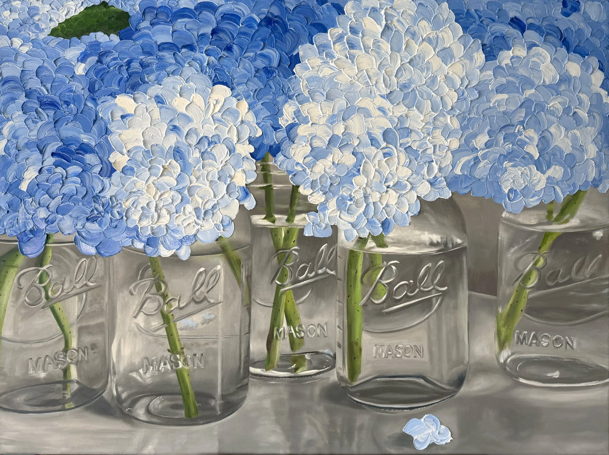 30x40" original oil painting, 'Hydrangeas in Five Mason Jars' by Alexandria artist Laurel Prucha Moran