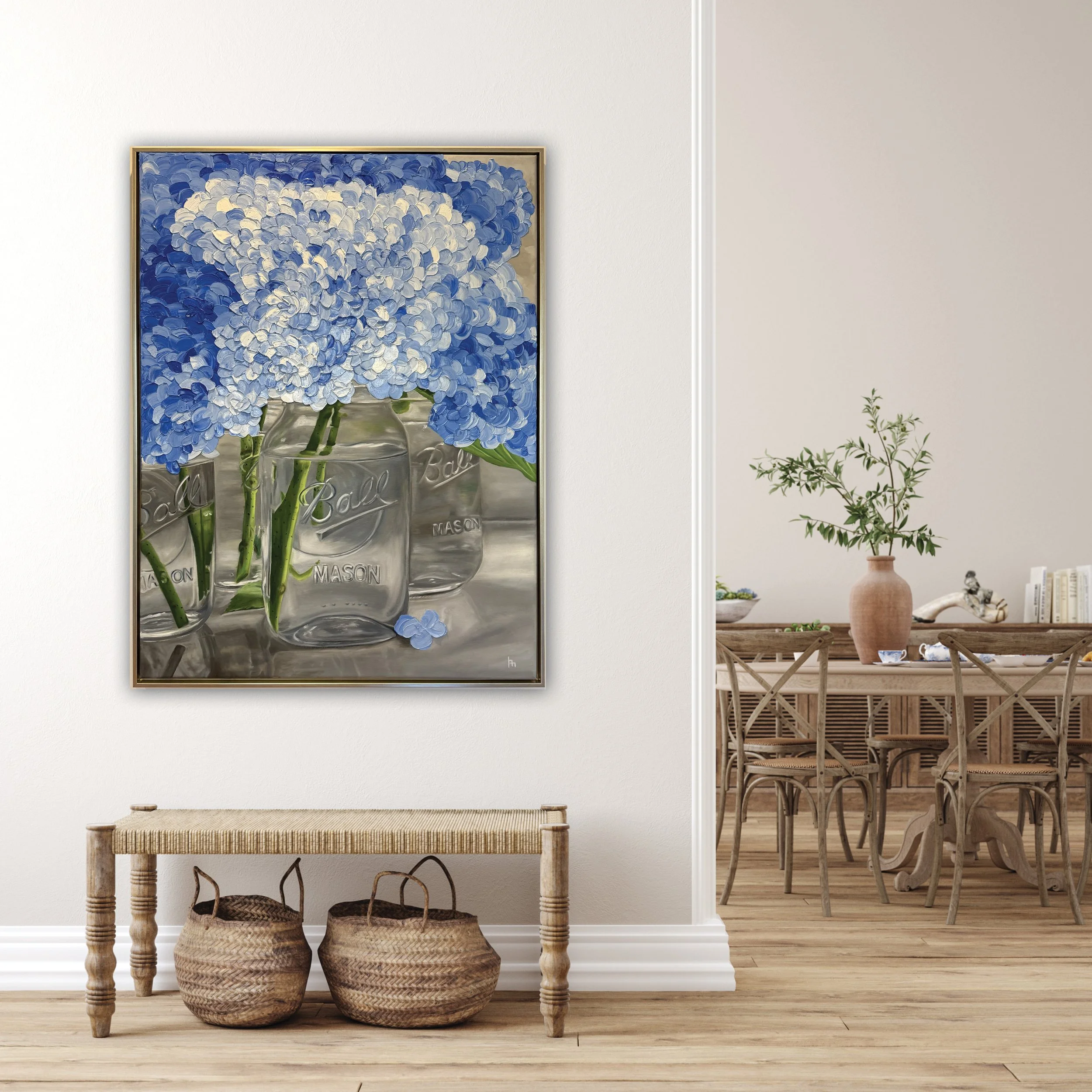30x40" original oil painting, 'Hydrangeas in Four Mason Jars' by Alexandria artist Laurel Prucha Moran