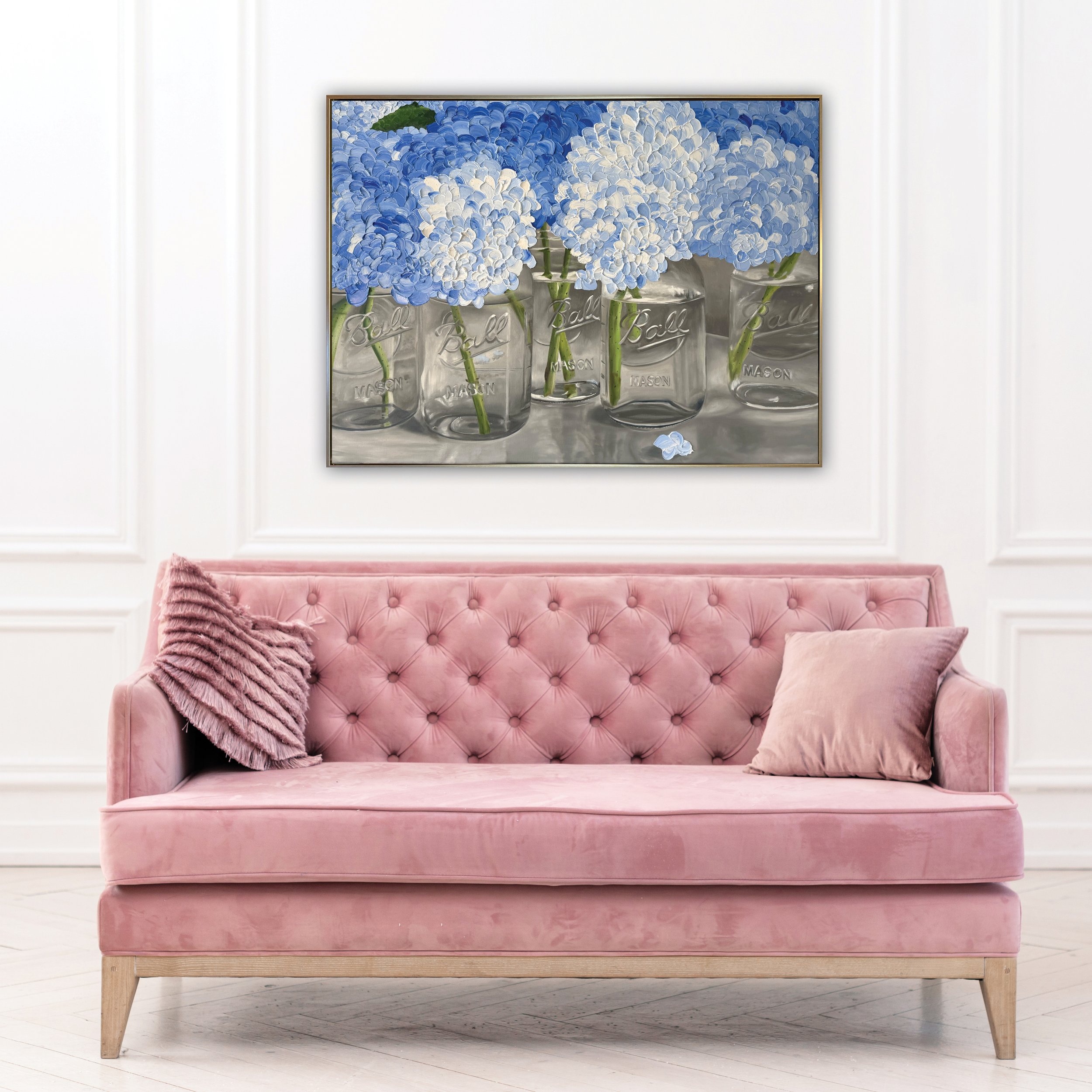 30x40" original oil painting, 'Hydrangeas in Five Mason Jars' by Alexandria artist Laurel Prucha Moran