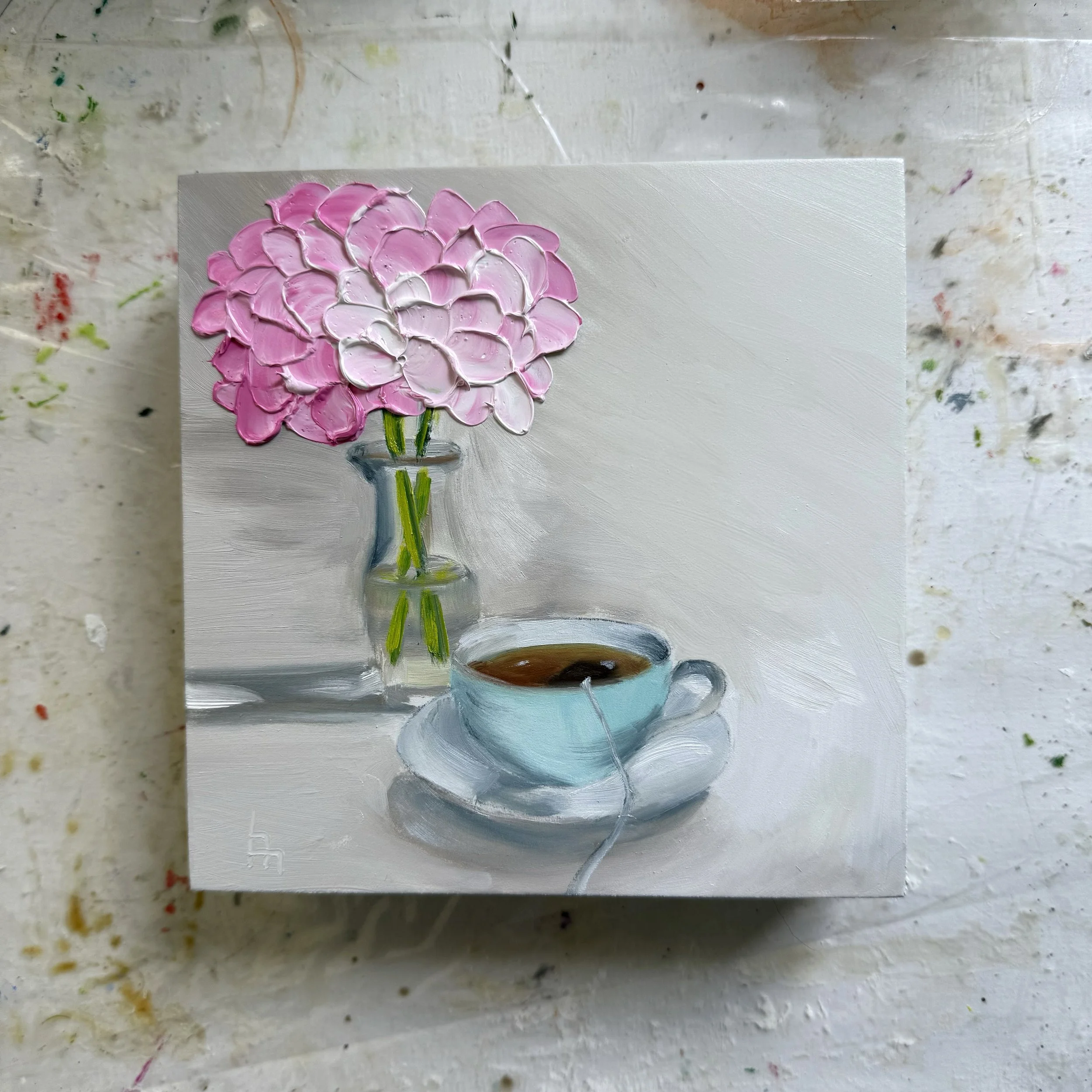 6x6" original oil painting of a teacup and hydrangeas in jar by Alexandria artist Laurel Prucha Moran