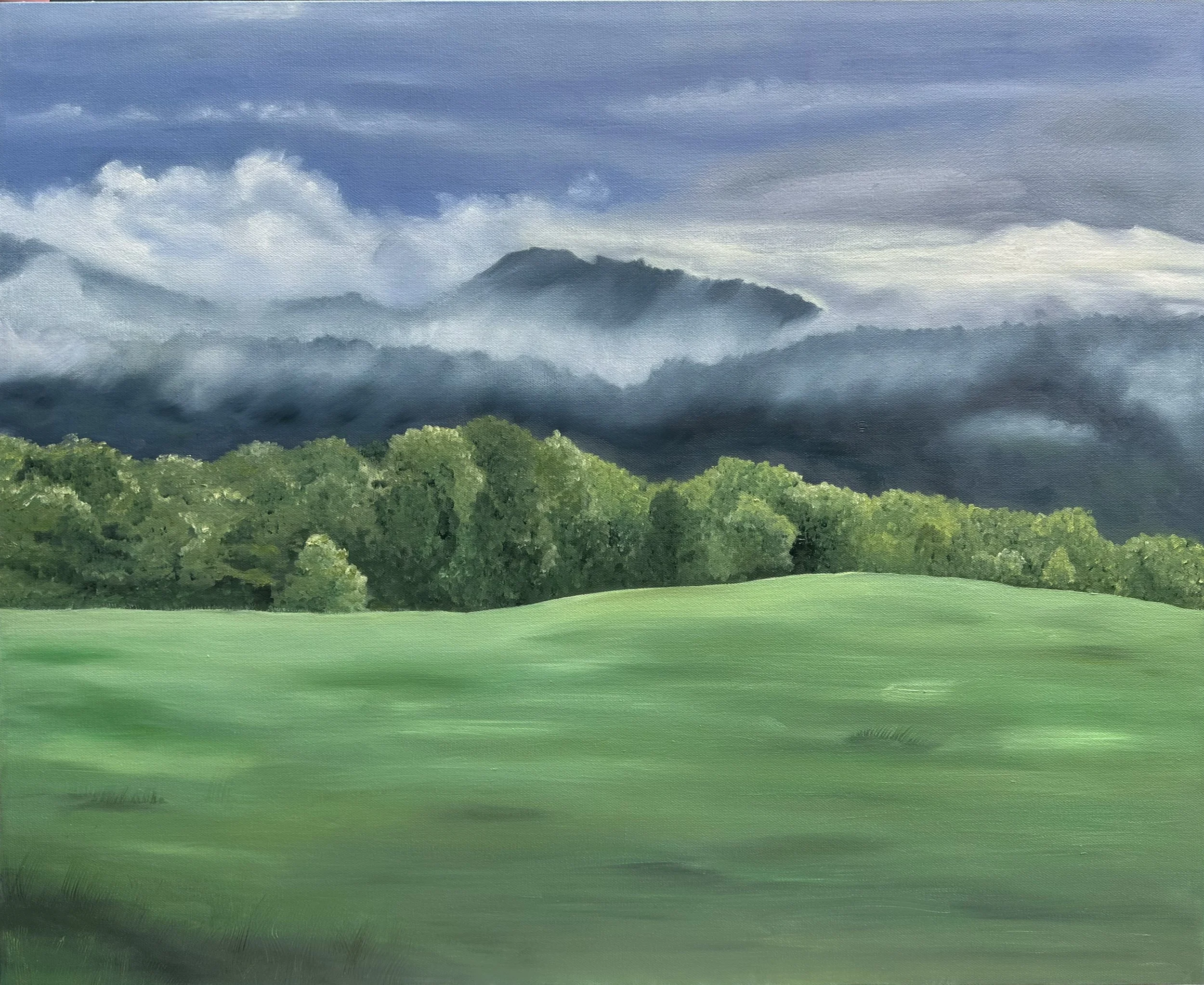 24x30" original oil painting, 'Misty Mountains' by Alexandria artist Laurel Prucha Moran
