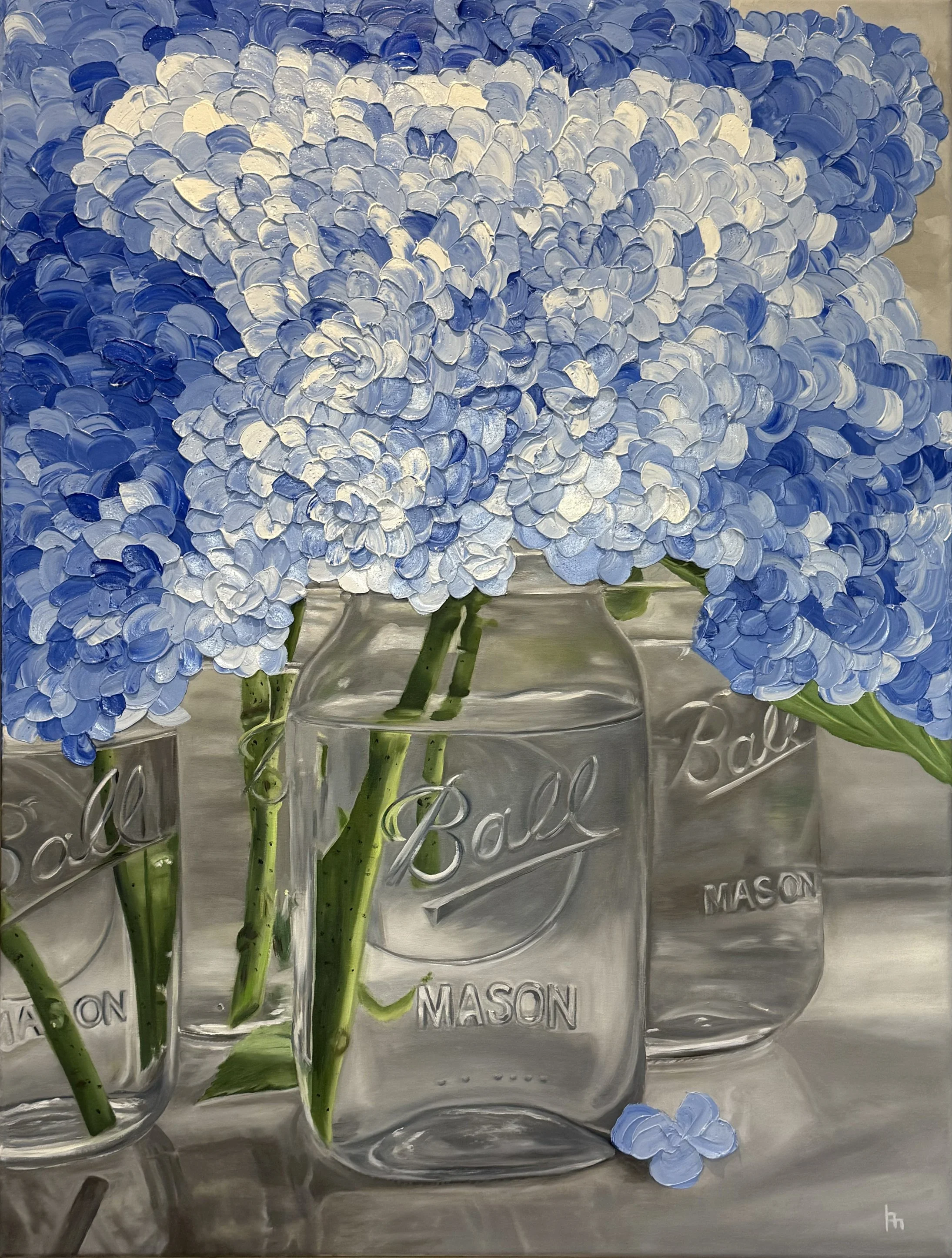 30x40" original oil painting, 'Hydrangeas in Four Mason Jars' by Alexandria artist Laurel Prucha Moran