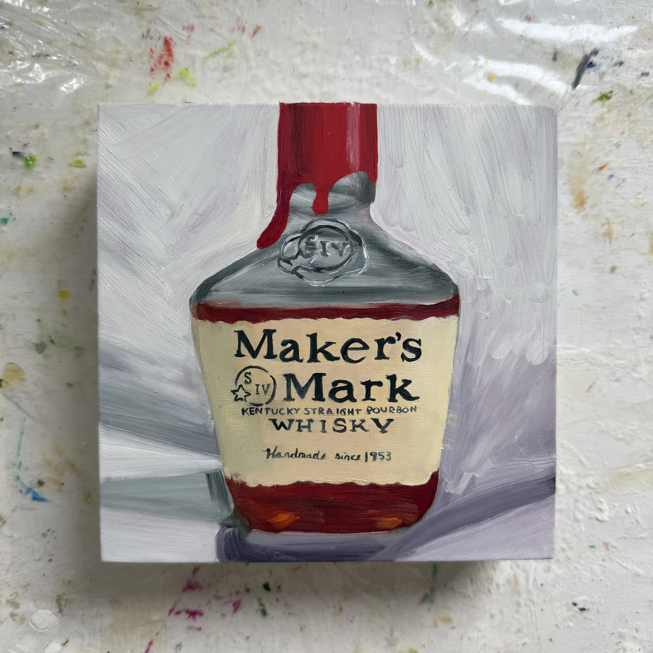6x6" original oil painting of the Makers Mark bottle by Alexandria artist Laurel Prucha Moran