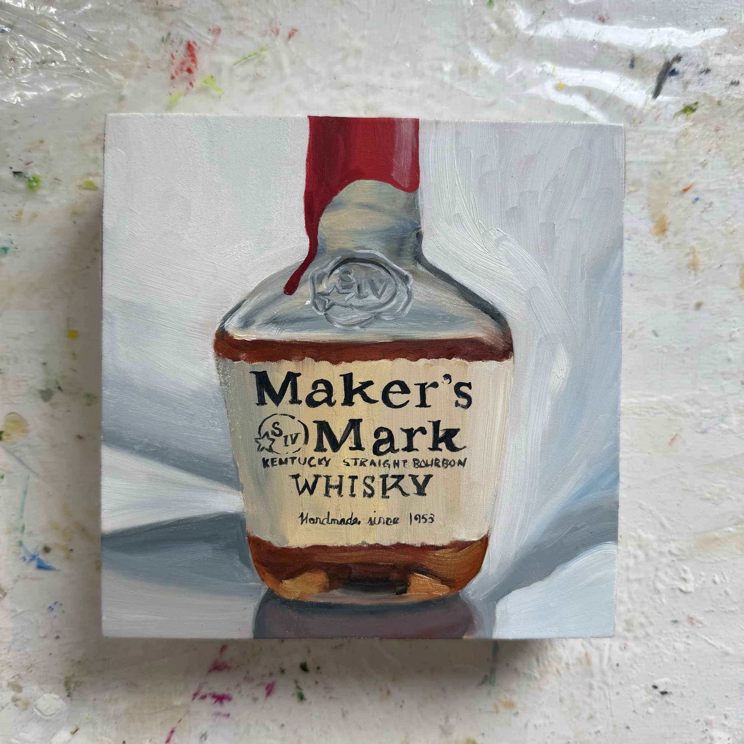 6x6" original oil painting of the Makers Mark bottle by Alexandria artist Laurel Prucha Moran