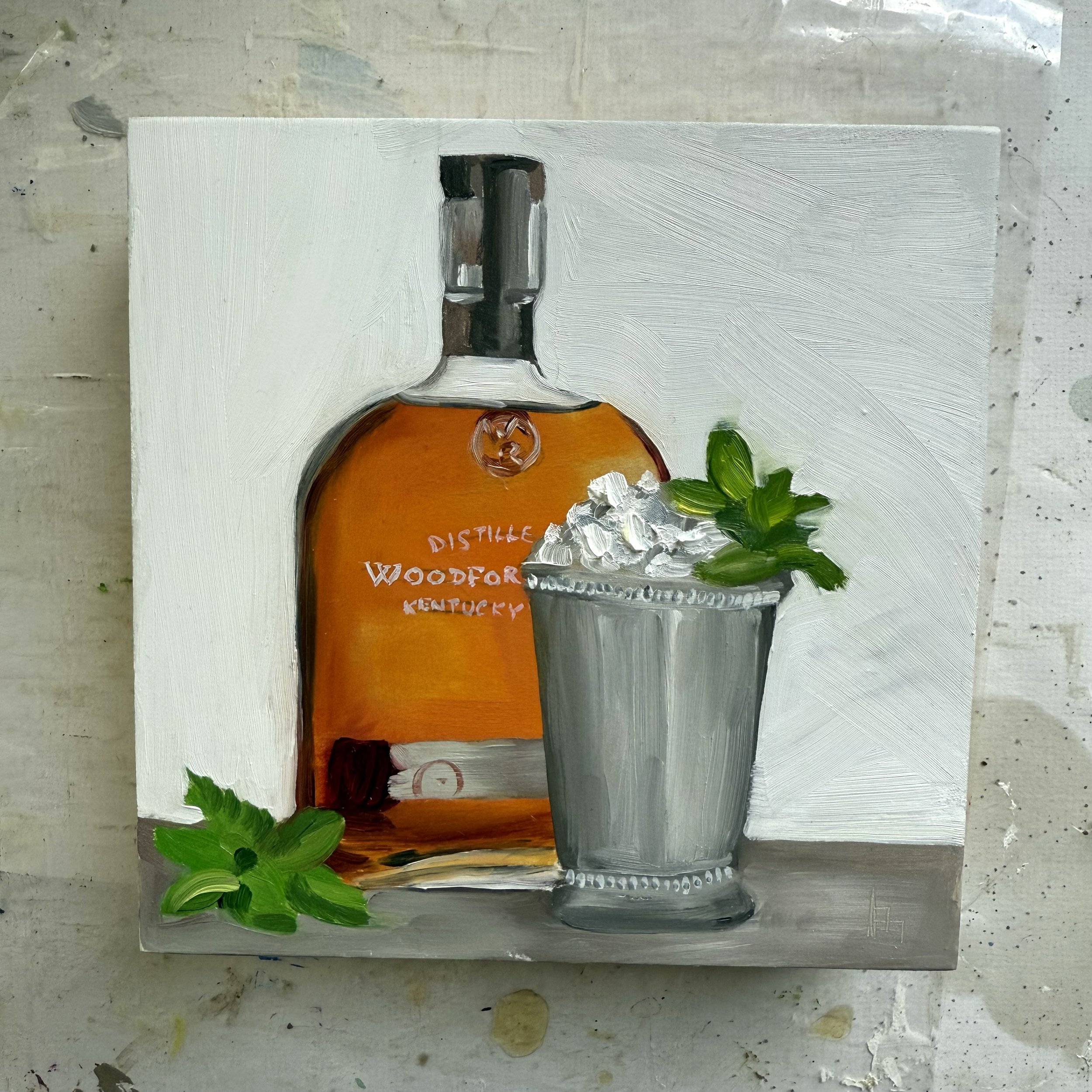 6x6" original oil painting 'Woodford Mint Julep' by Alexandria artist Laurel Prucha Moran