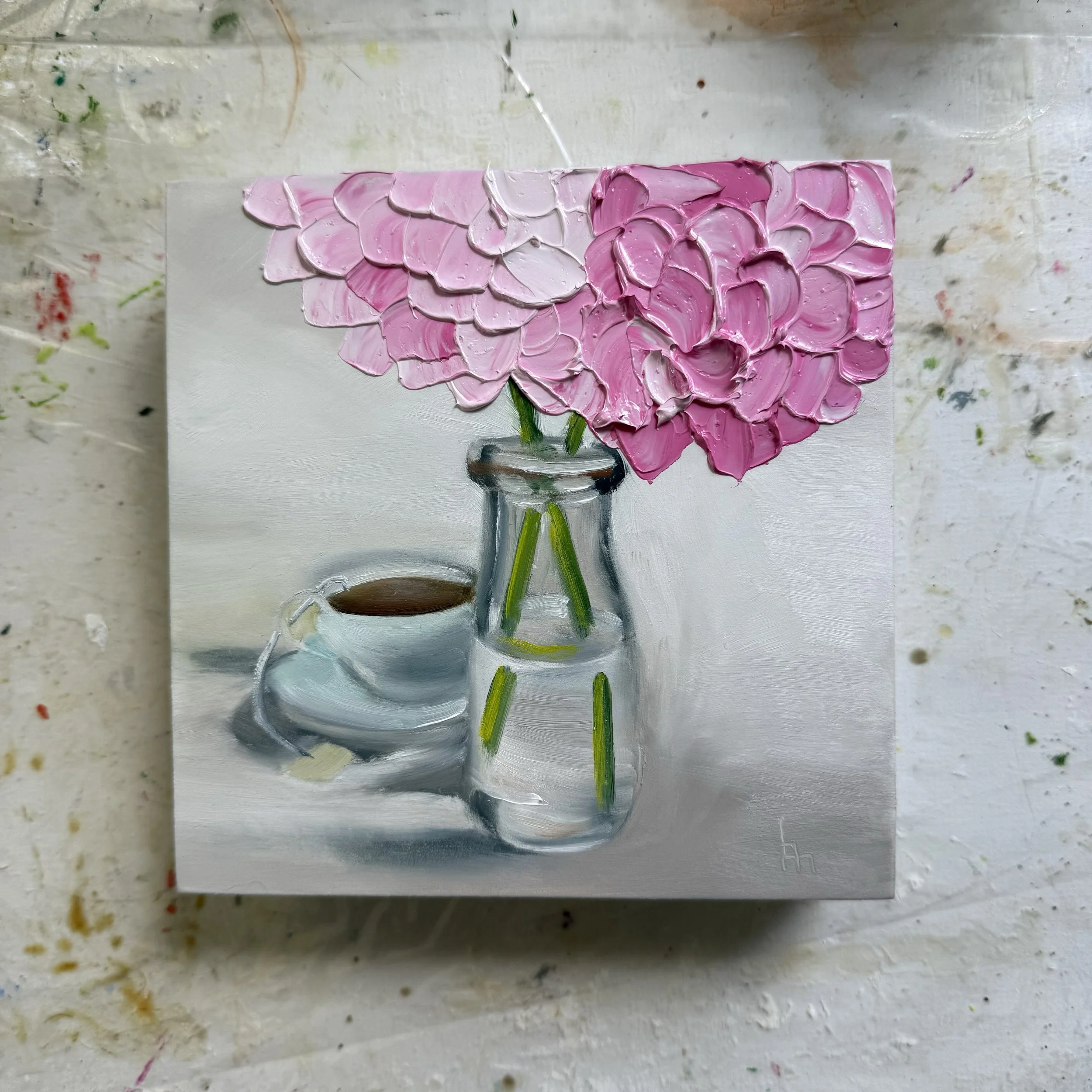 6x6" original oil painting of a teacup and hydrangeas in jar by Alexandria artist Laurel Prucha Moran