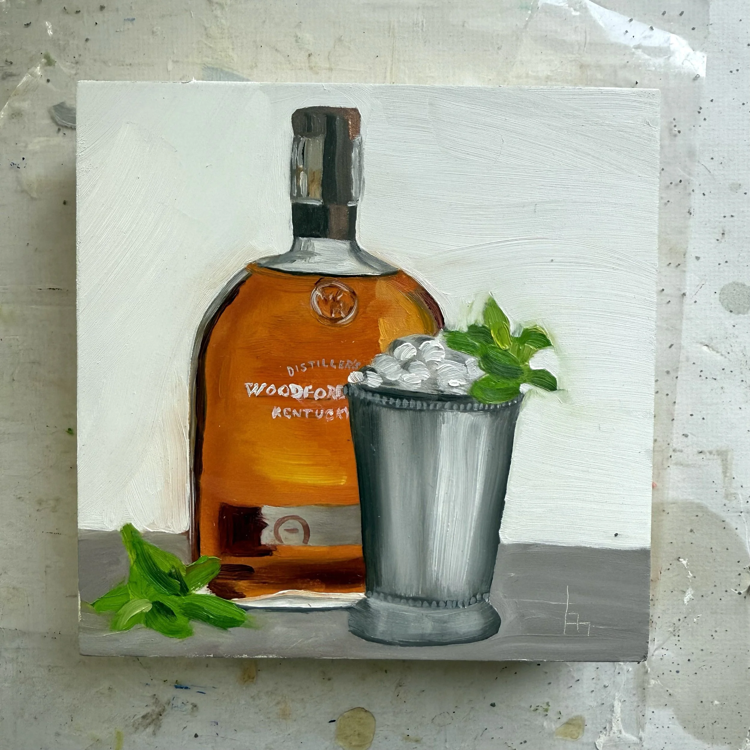 6x6" original oil painting 'Woodford Mint Julep' by Alexandria artist Laurel Prucha Moran