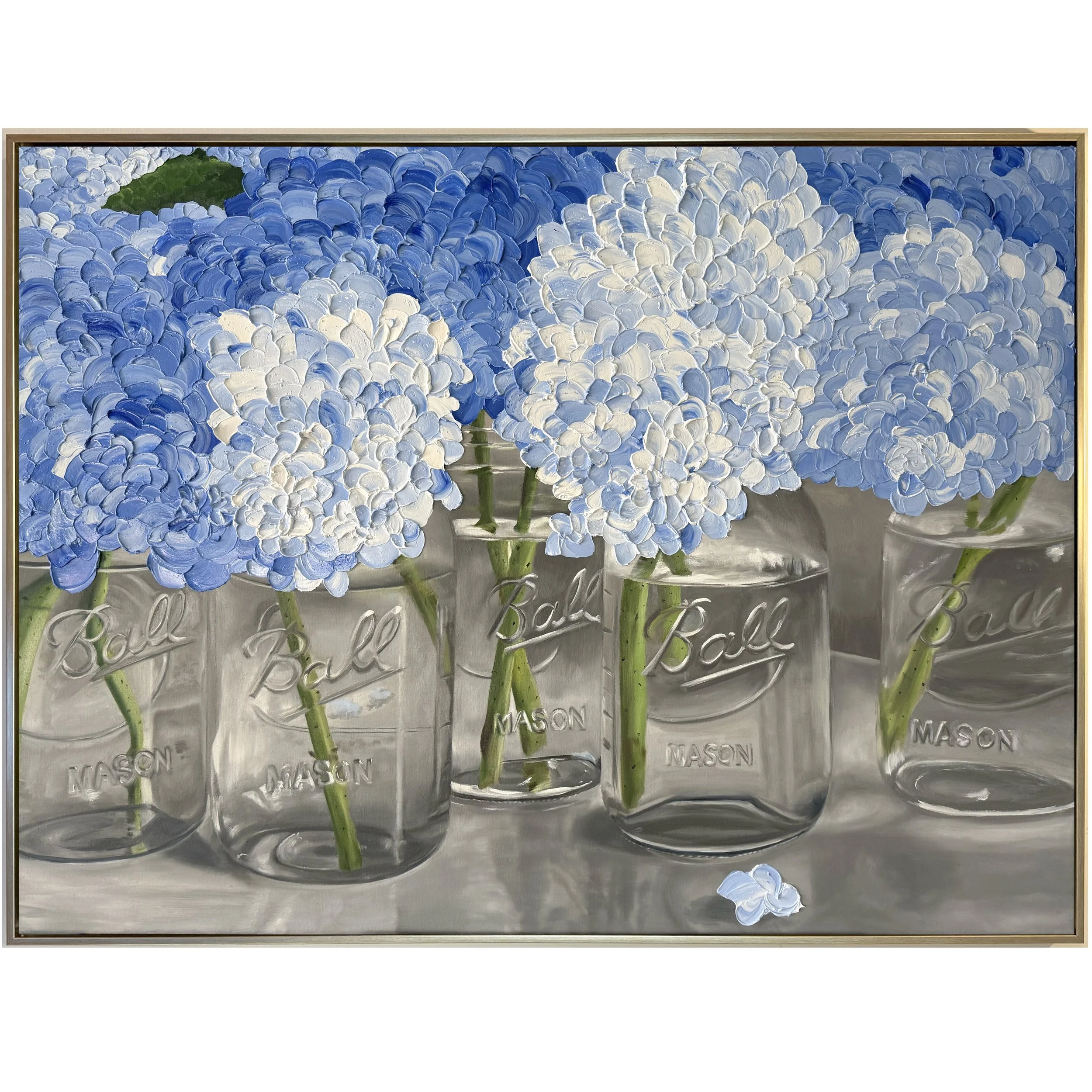 30x40" original oil painting, 'Hydrangeas in Five Mason Jars' by Alexandria artist Laurel Prucha Moran