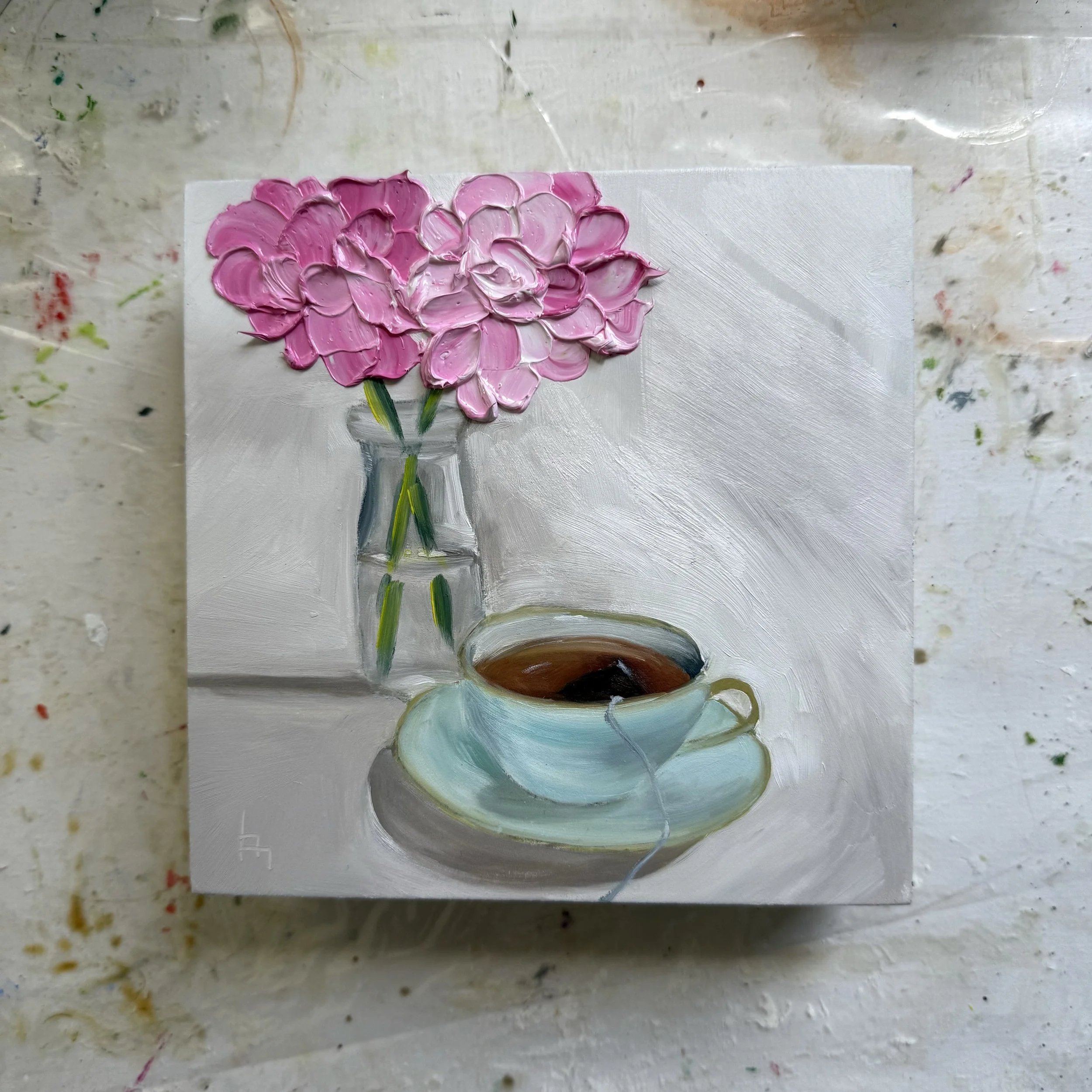 6x6" original oil painting of a teacup and hydrangeas in jar by Alexandria artist Laurel Prucha Moran