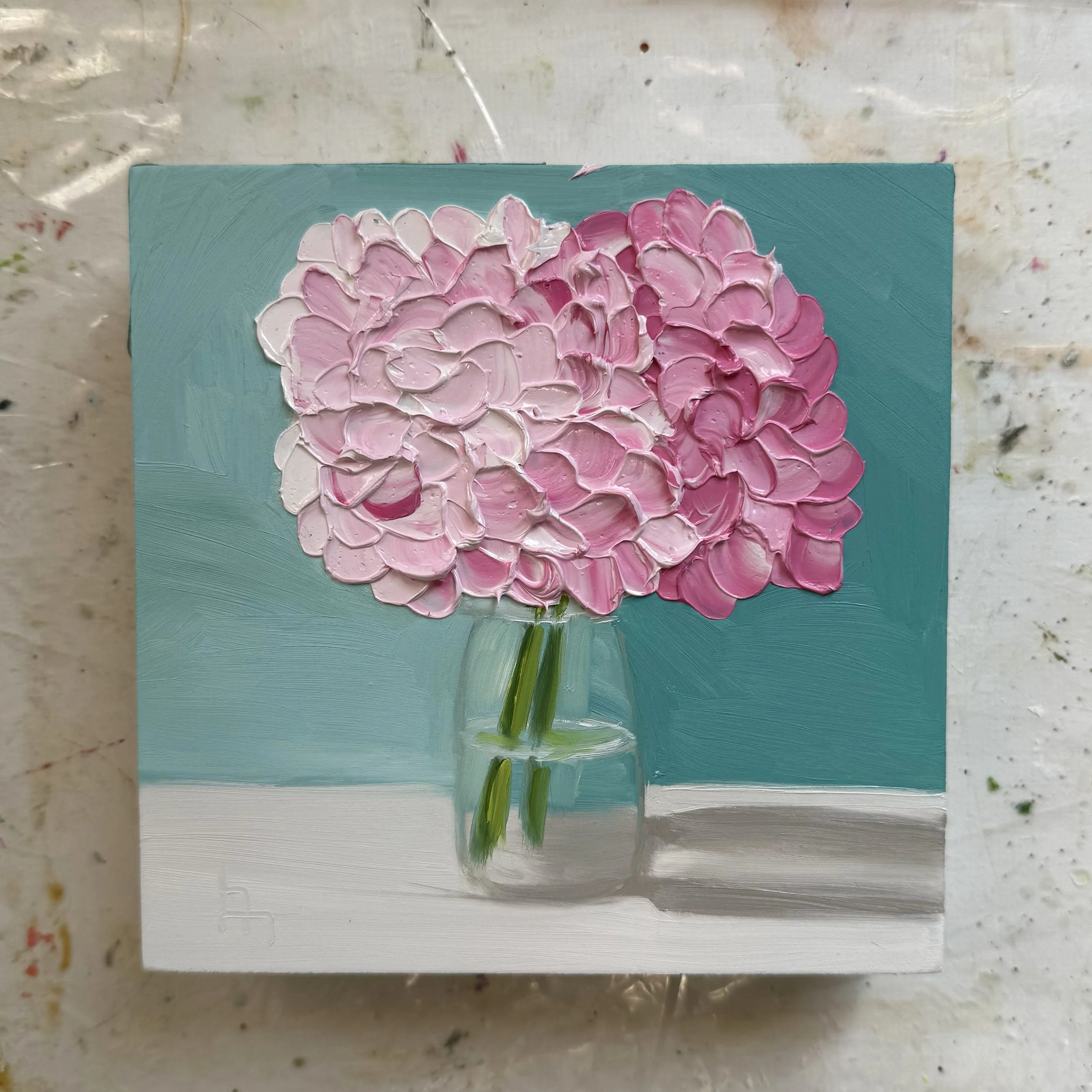6x6" original oil painting of hydrangeas in jar by Alexandria artist Laurel Prucha Moran