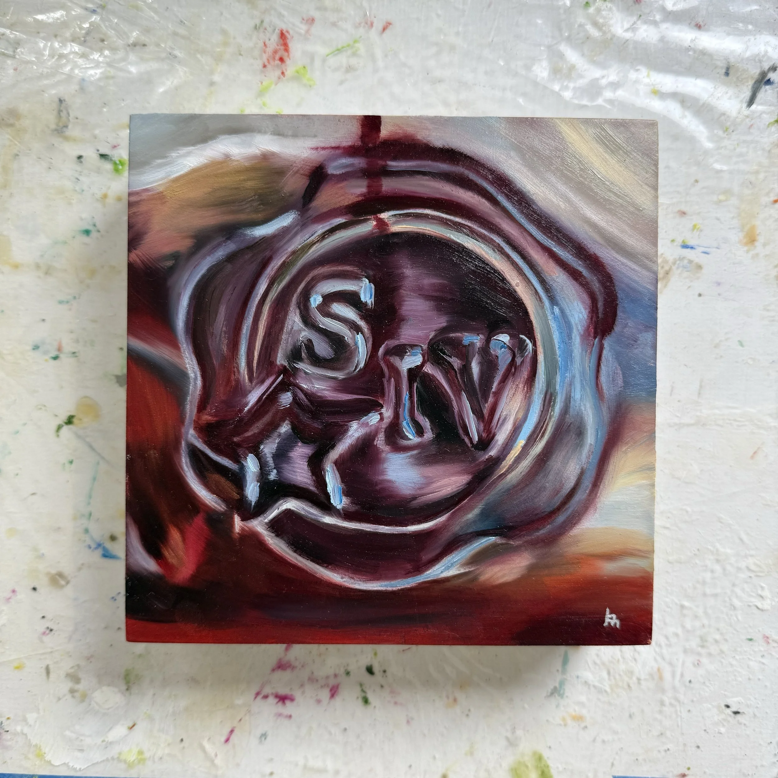 6x6" original oil painting of the Makers Mark seal by Alexandria artist Laurel Prucha Moran