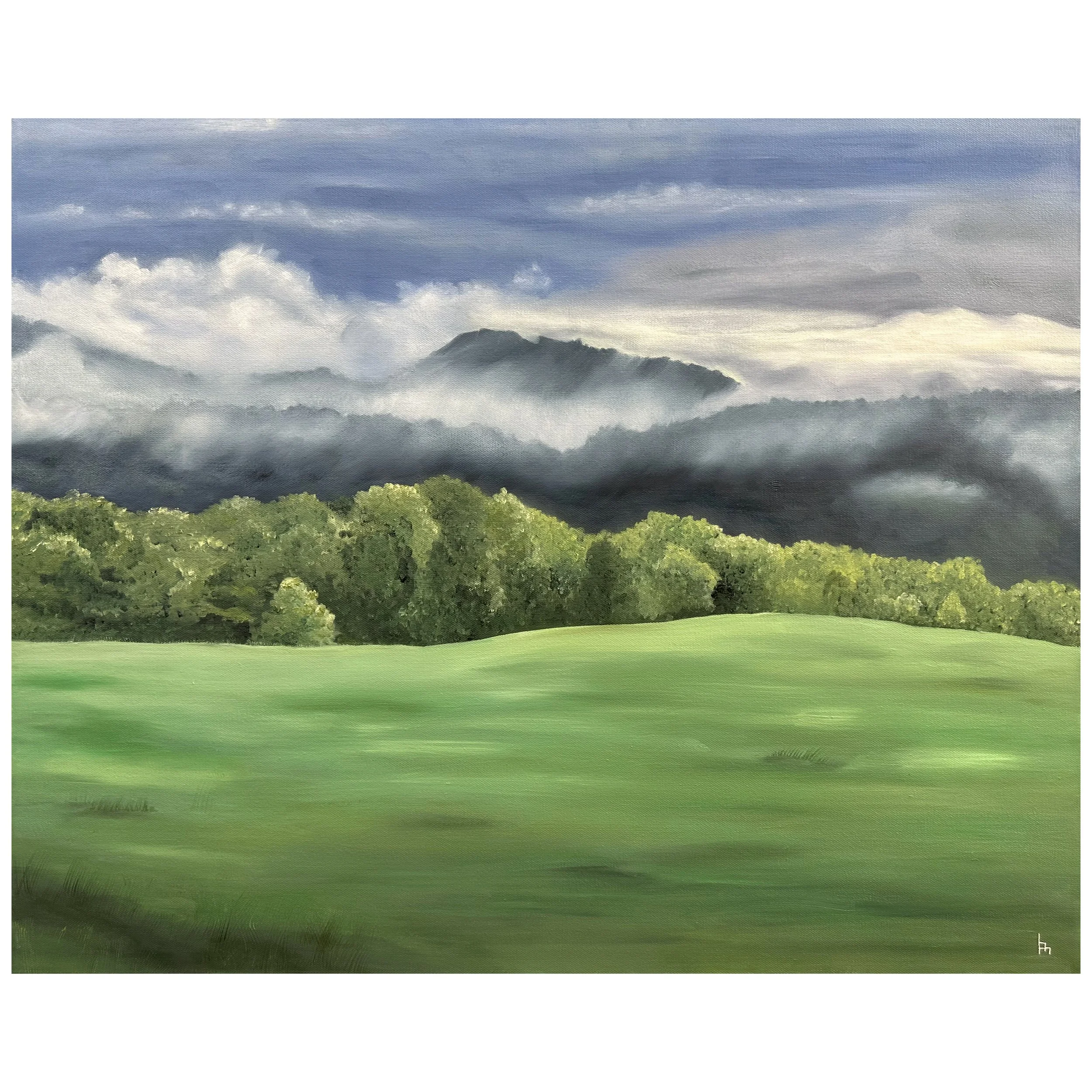 24x30" original oil painting, 'Misty Mountains' by Alexandria artist Laurel Prucha Moran