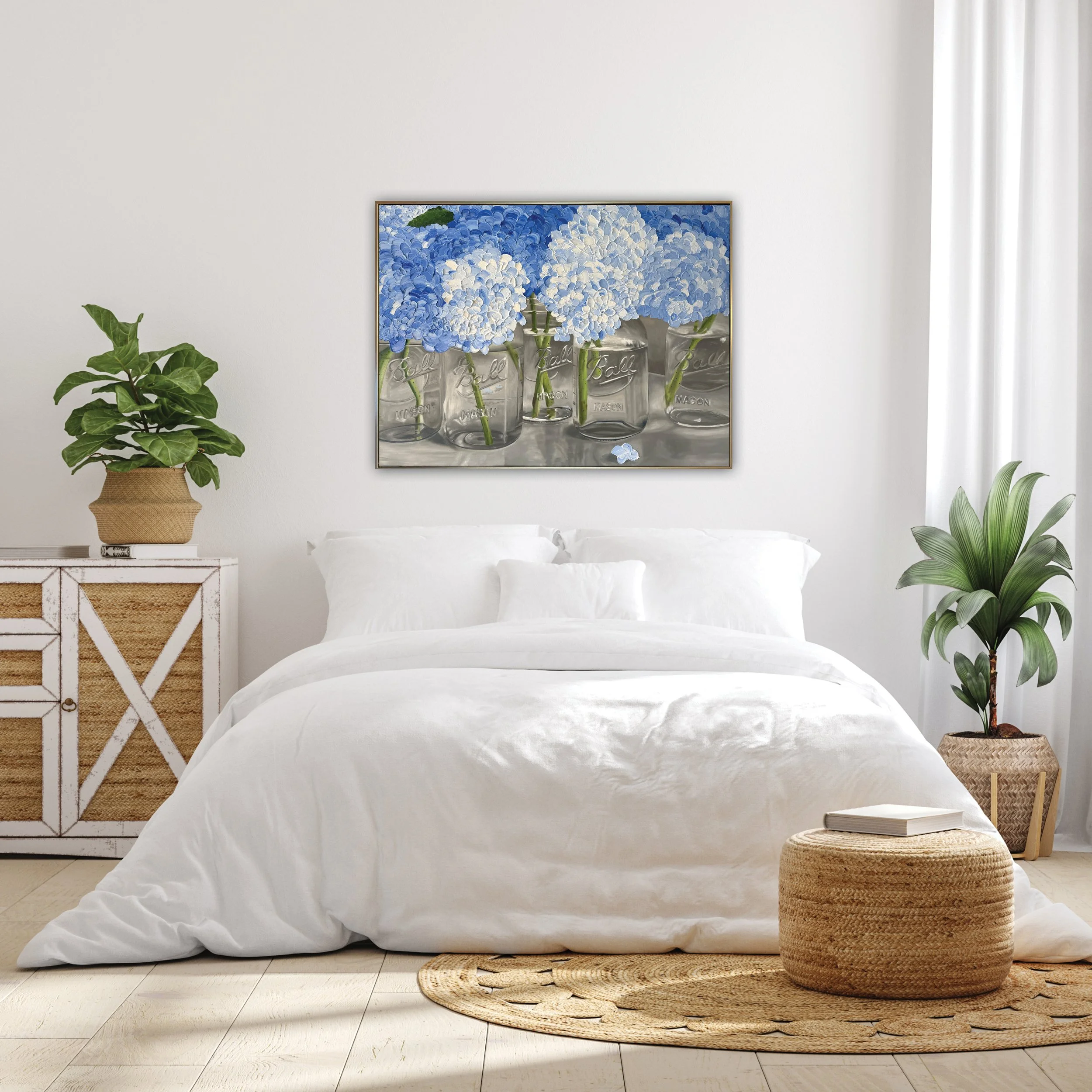 30x40" original oil painting, 'Hydrangeas in Five Mason Jars' by Alexandria artist Laurel Prucha Moran