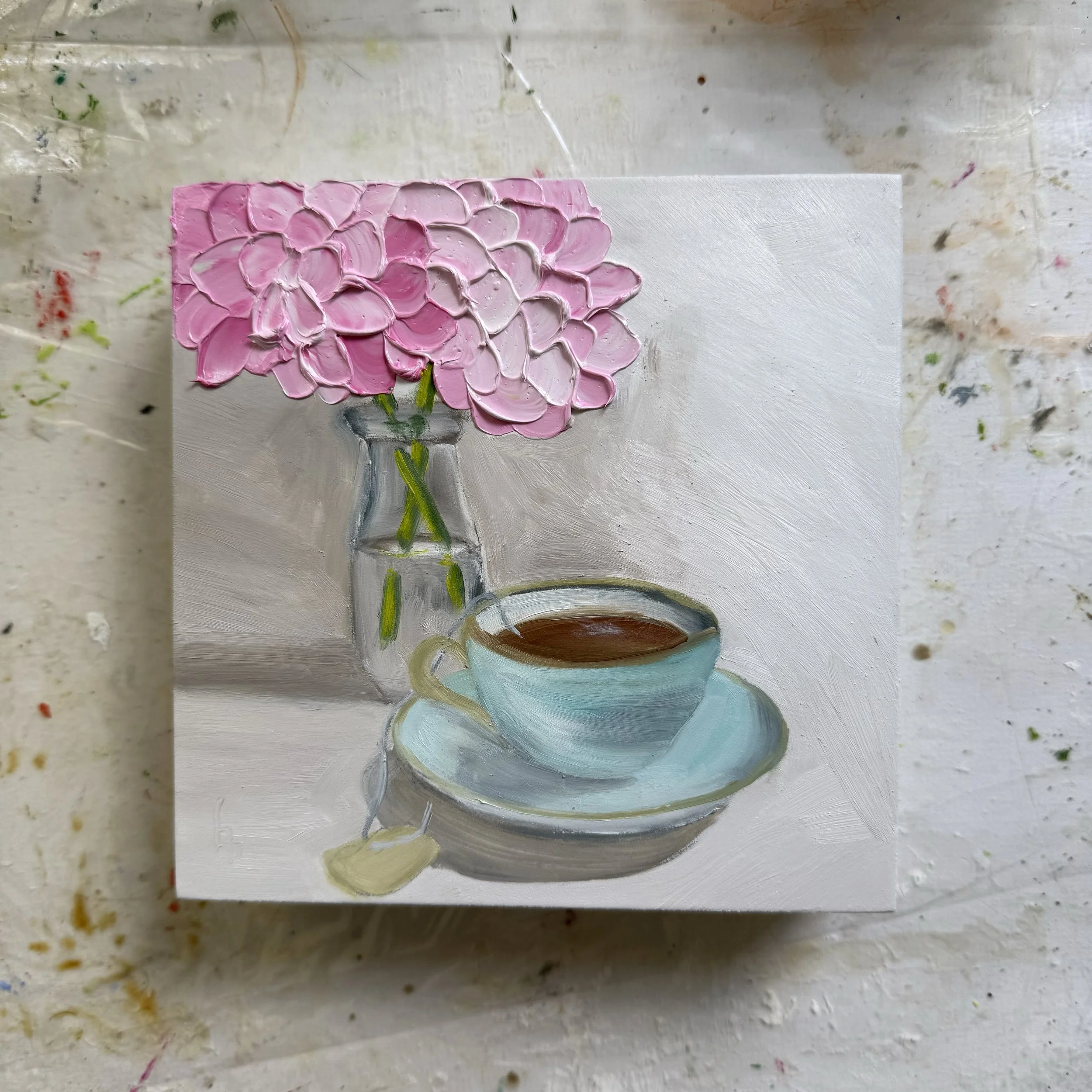 6x6" original oil painting of a teacup and hydrangeas in jar by Alexandria artist Laurel Prucha Moran