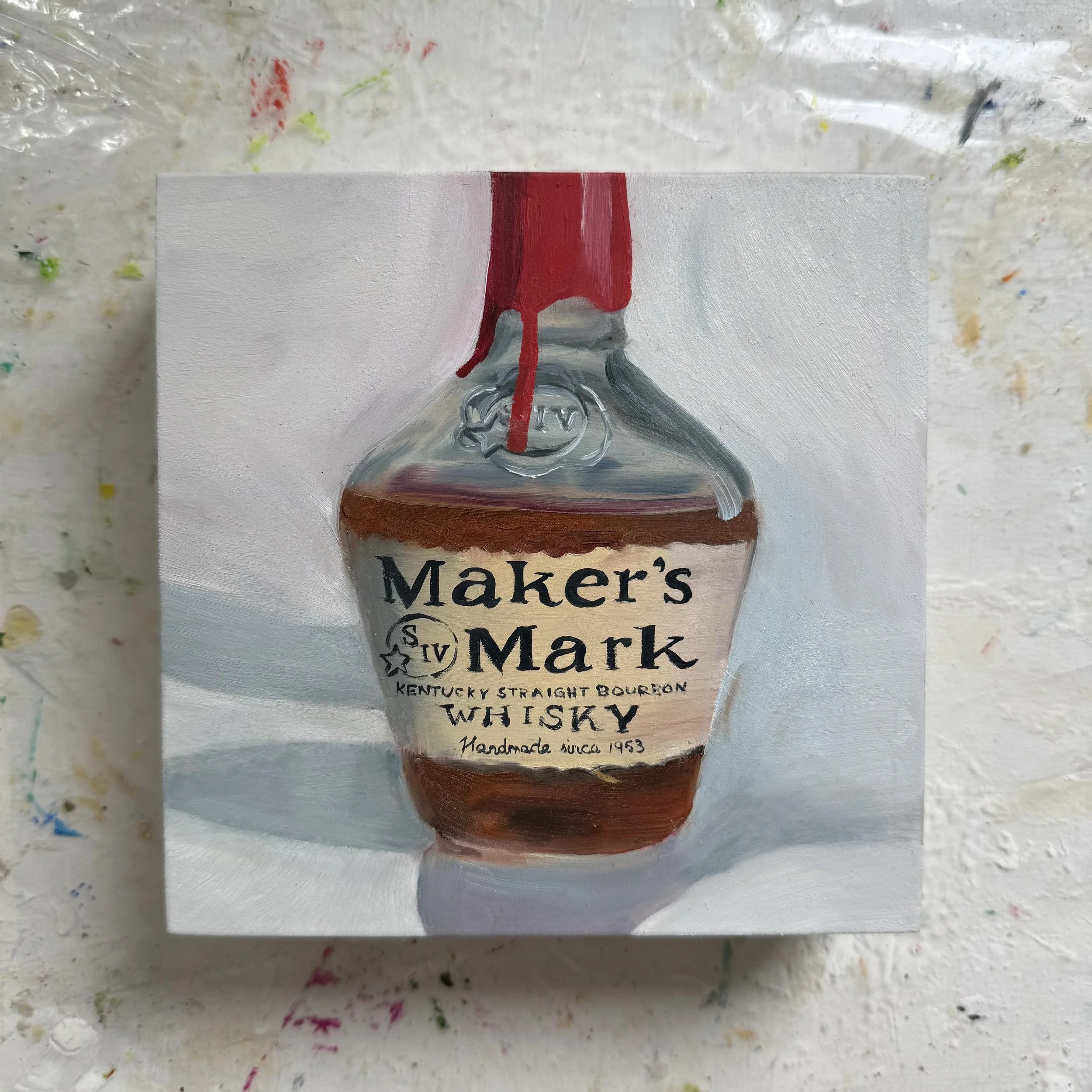 6x6" original oil painting of the Makers Mark bottle by Alexandria artist Laurel Prucha Moran