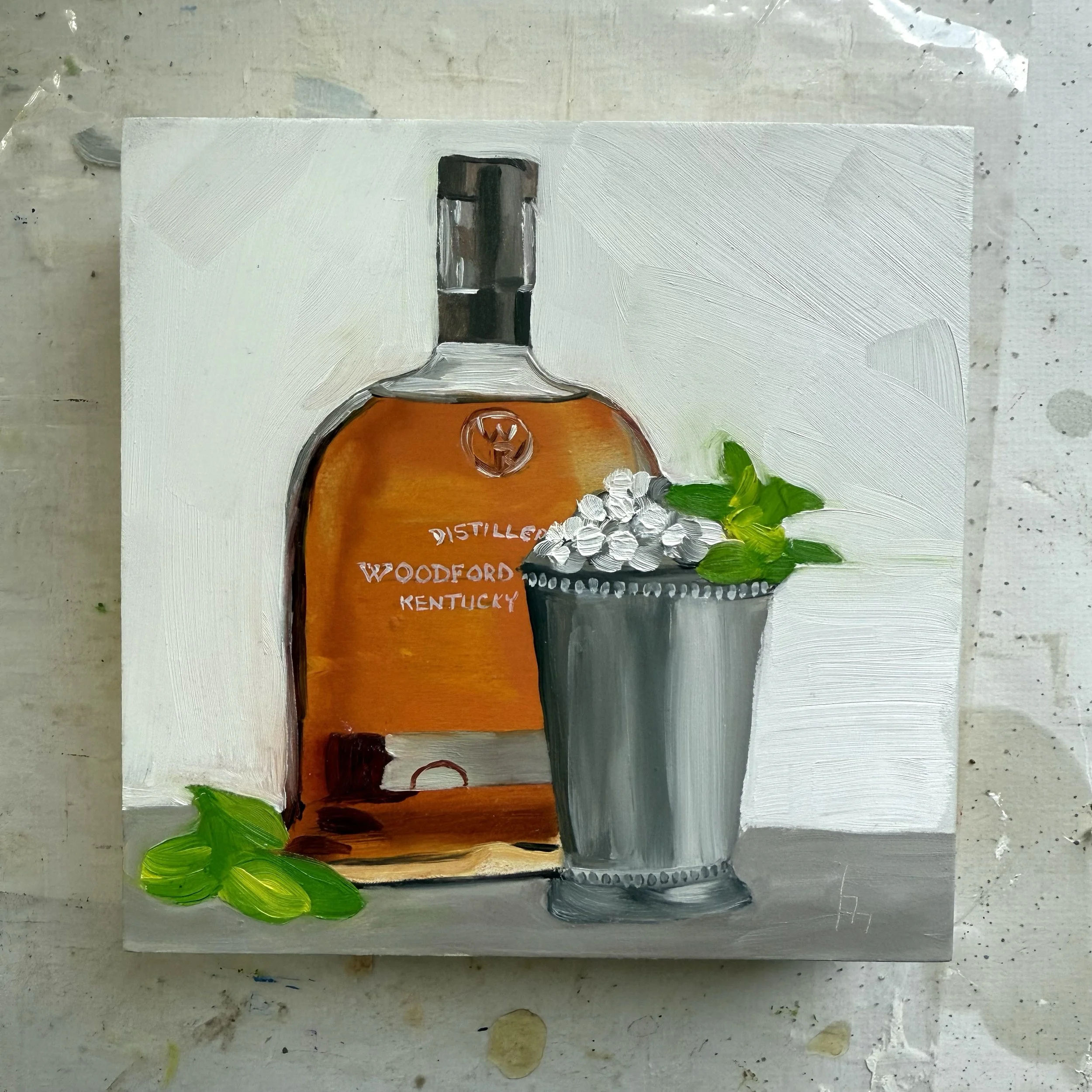 6x6" original oil painting 'Woodford Mint Julep' by Alexandria artist Laurel Prucha Moran