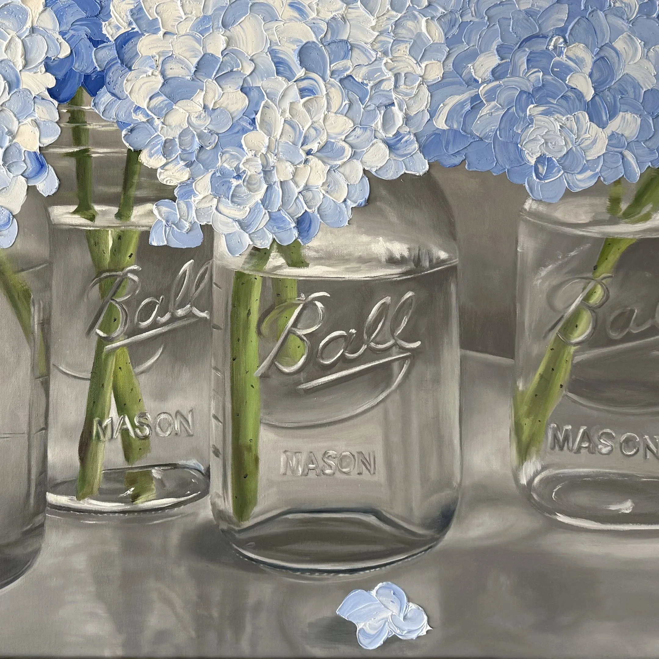 30x40" original oil painting, 'Hydrangeas in Five Mason Jars' by Alexandria artist Laurel Prucha Moran