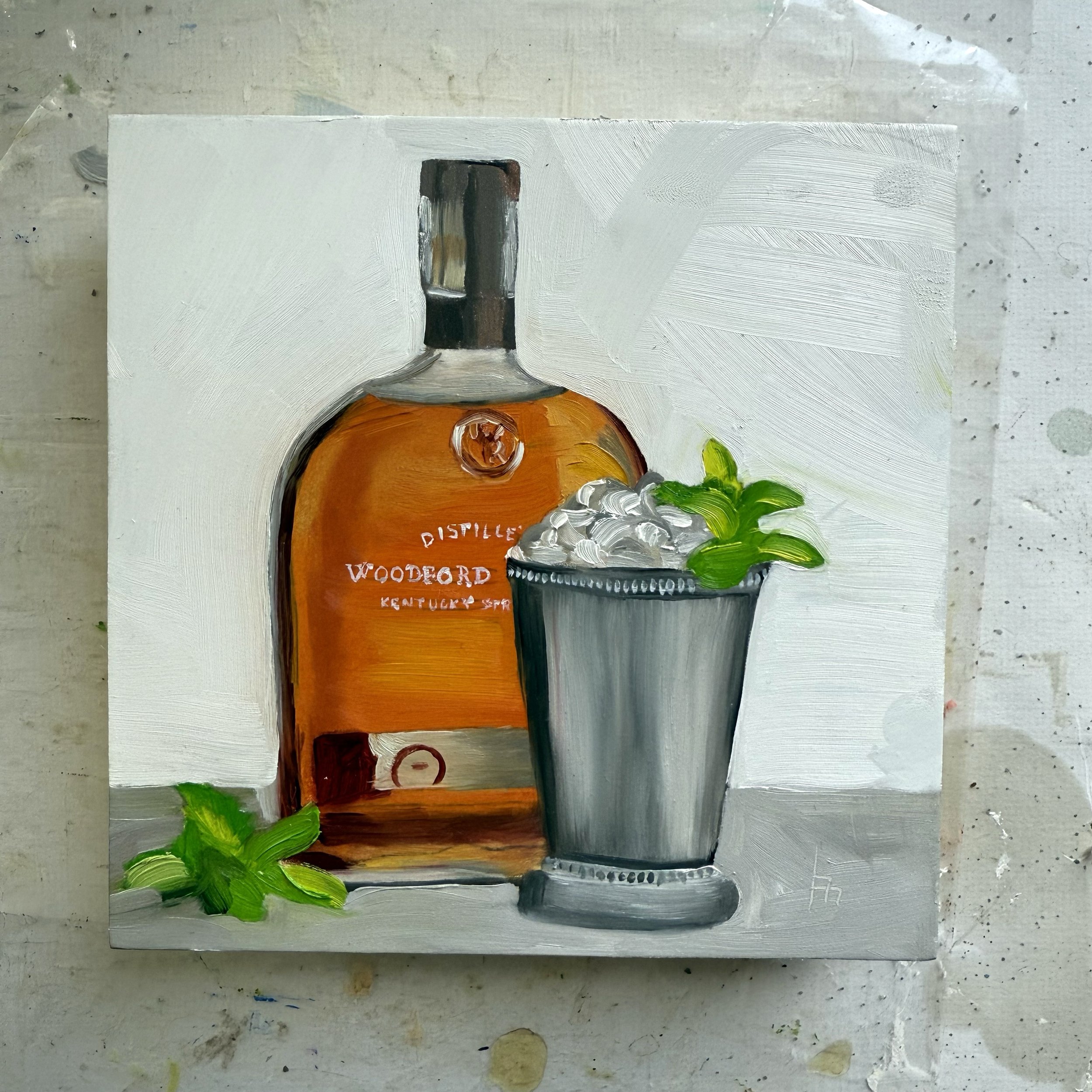 6x6" original oil painting 'Woodford Mint Julep' by Alexandria artist Laurel Prucha Moran