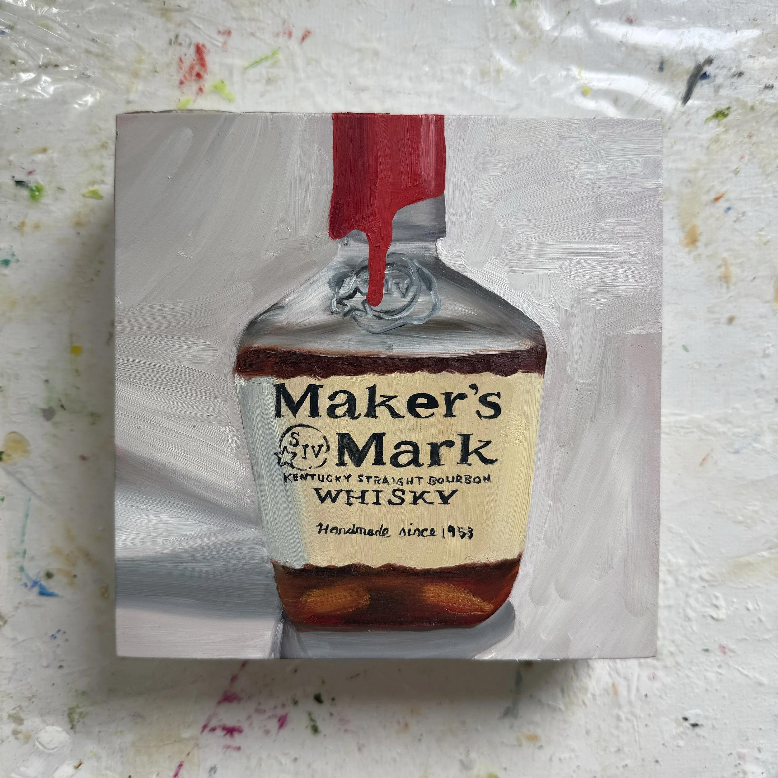 6x6" original oil painting of the Makers Mark bottle by Alexandria artist Laurel Prucha Moran