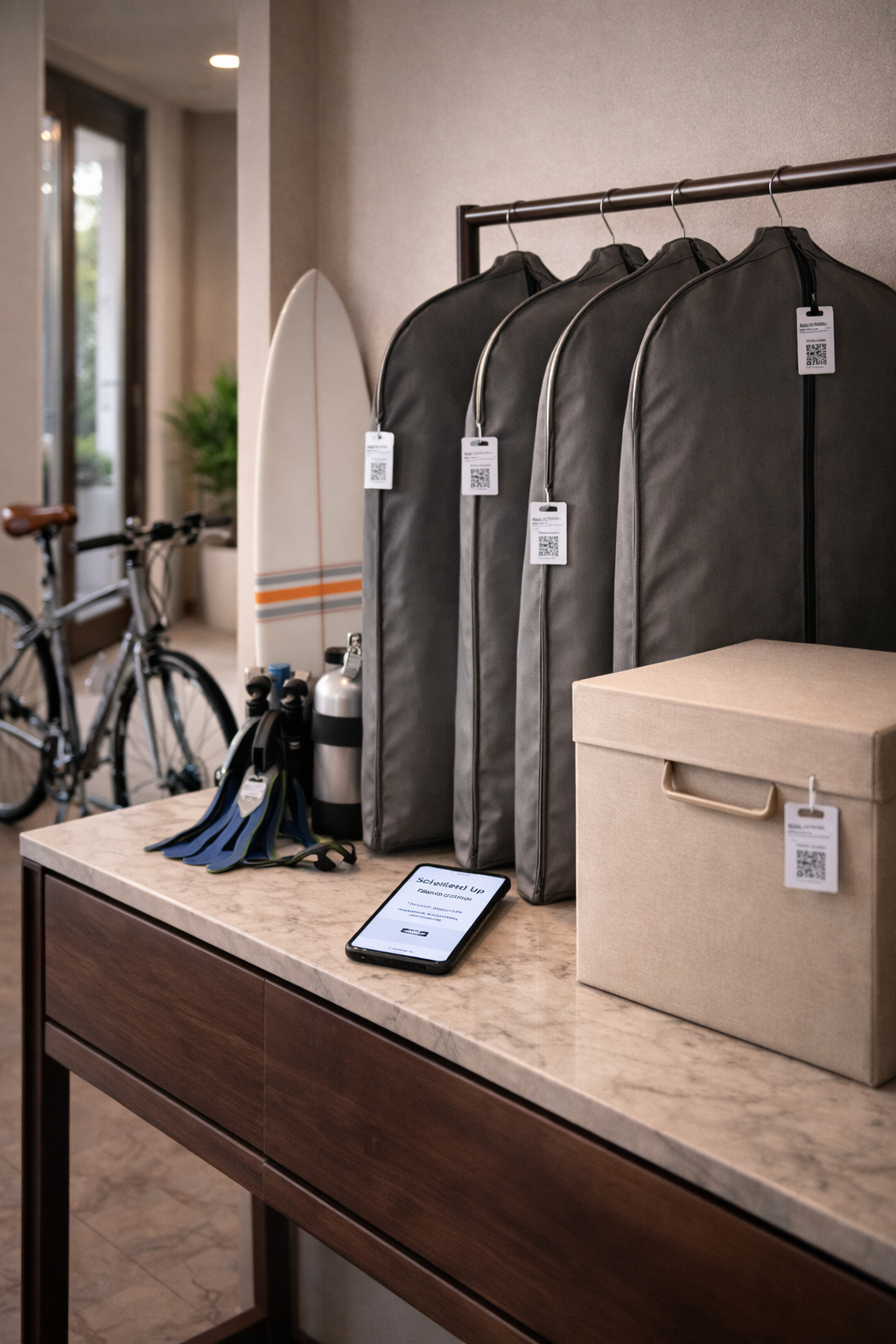 Bags hanging on a rack with tags inside a modern hotel or Airbnb. Items on a marble table include snorkeling gear, a beige storage box, and a smartphone related to a guest webpage.