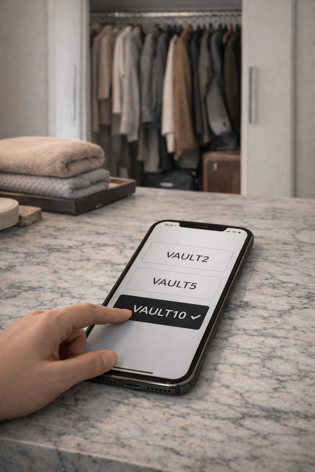 A person selecting 'VAULT 10' on a smartphone with a closet full of hanging clothes in the background.