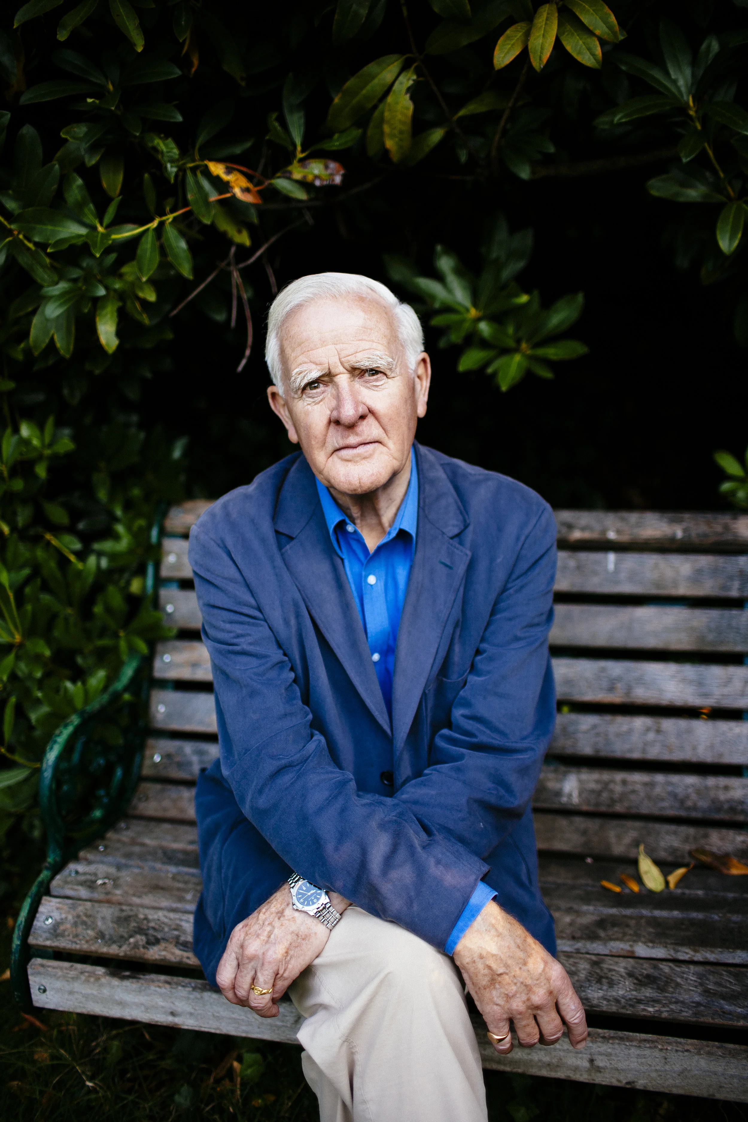 British author David Cornwell, who goes by the pen name John le Carré, poses for a photograph on a bench near his home in Hampstead, London, Thursday, Sept. 25, 2008. (David Azia for The New York Times)