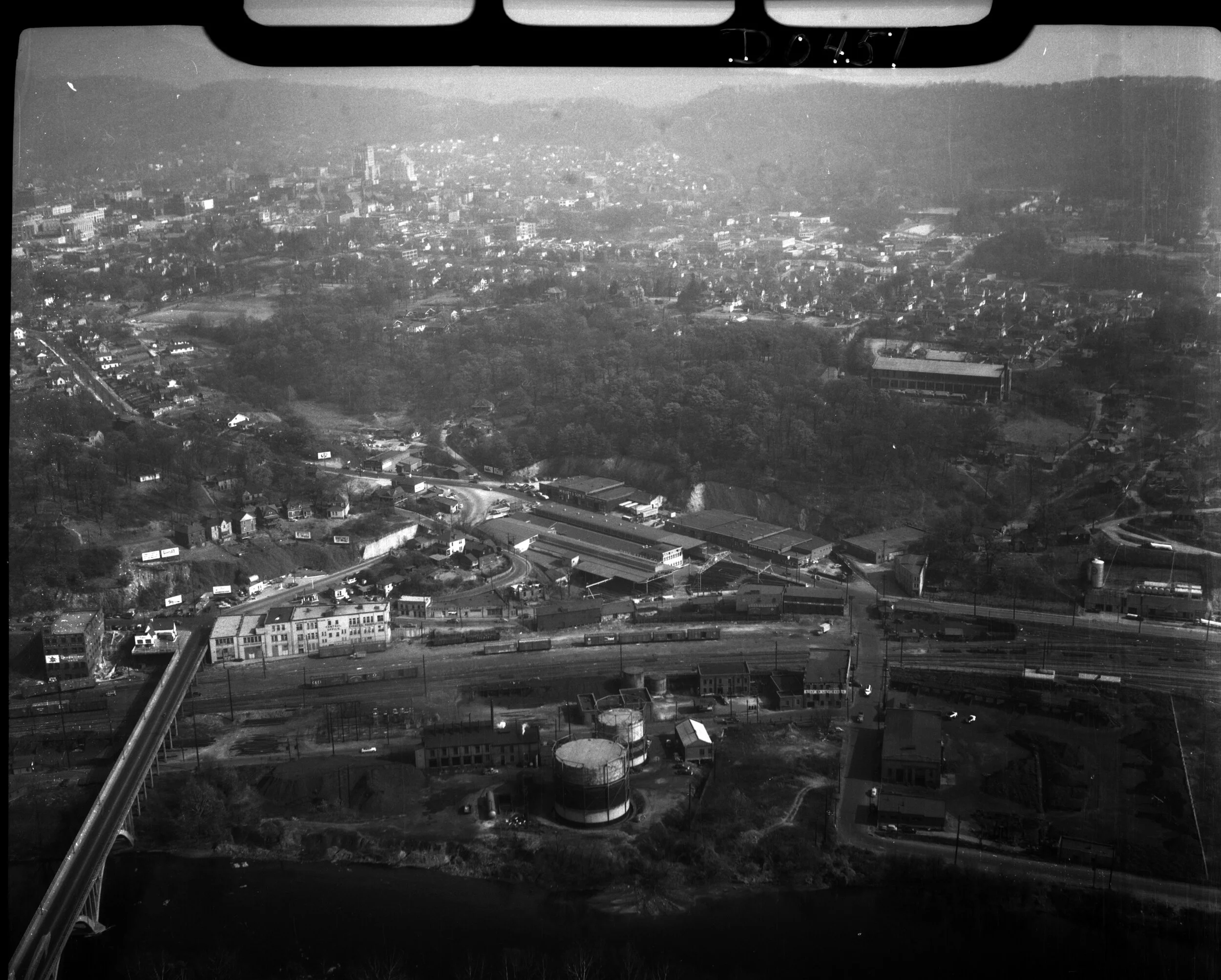 Aerial photo of the City of Asheville with CURVE Studios in the foreground. Taken in the 1950s by Samuel A. Bingham Jr.