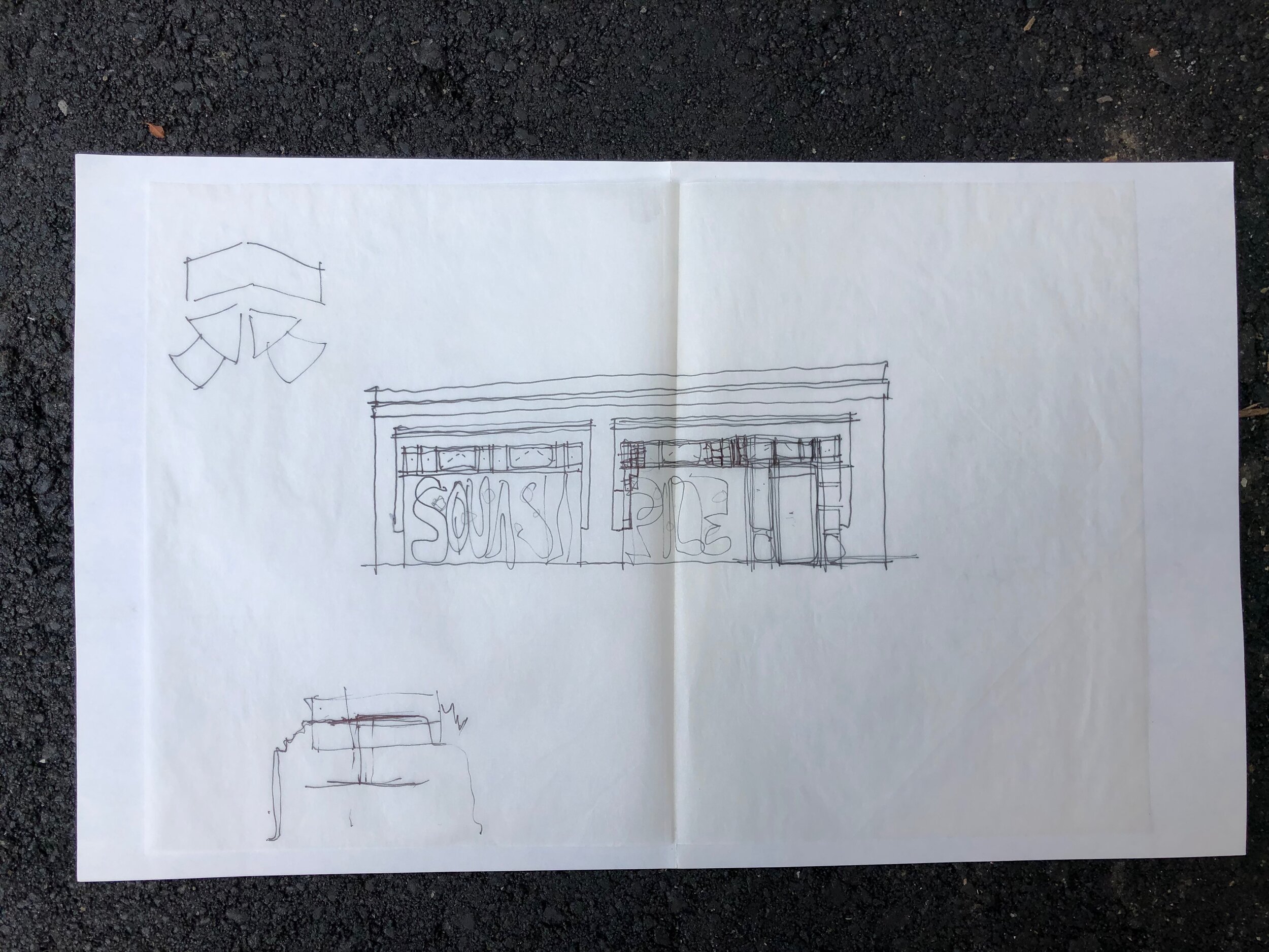 Concept drawing of #3 River Arts place when it was Squash Pile, Asheville’s drug-free, smoke-free, alcohol-free punk rock club open January 1990- November 1991.