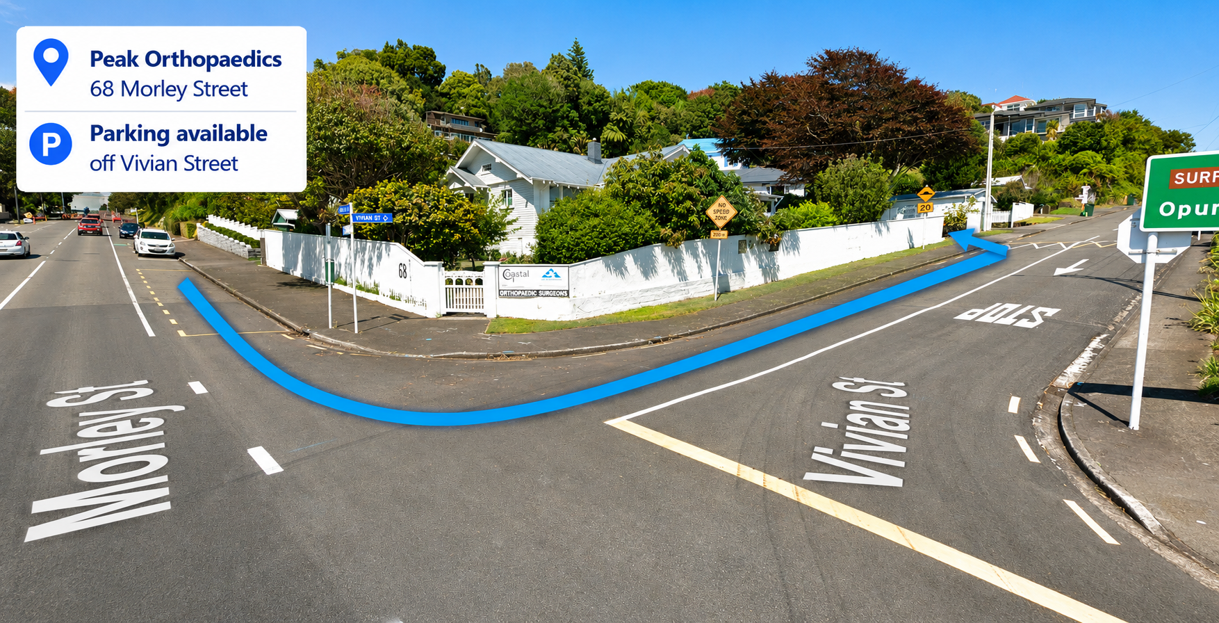 68 Morley Street view showing the parking entrance to Peak Orthopaedics off Vivian Street in New Plymouth.