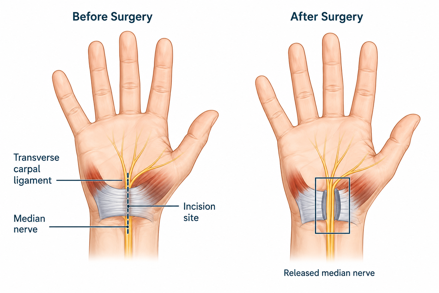 Illustration showing open carpal tunnel release surgery before and after decompression of the median nerve by dividing the transverse carpal ligament.