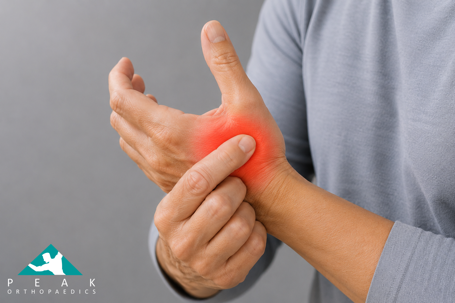 Illustration showing pain at the base of the thumb caused by thumb CMC joint arthritis