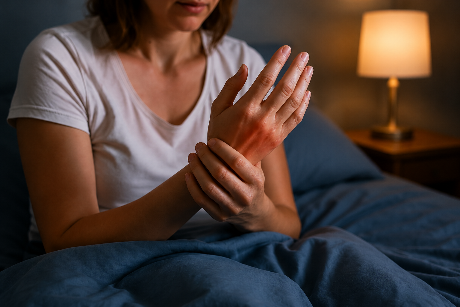 Patient experiencing nighttime hand numbness, tingling and pain associated with carpal tunnel syndrome