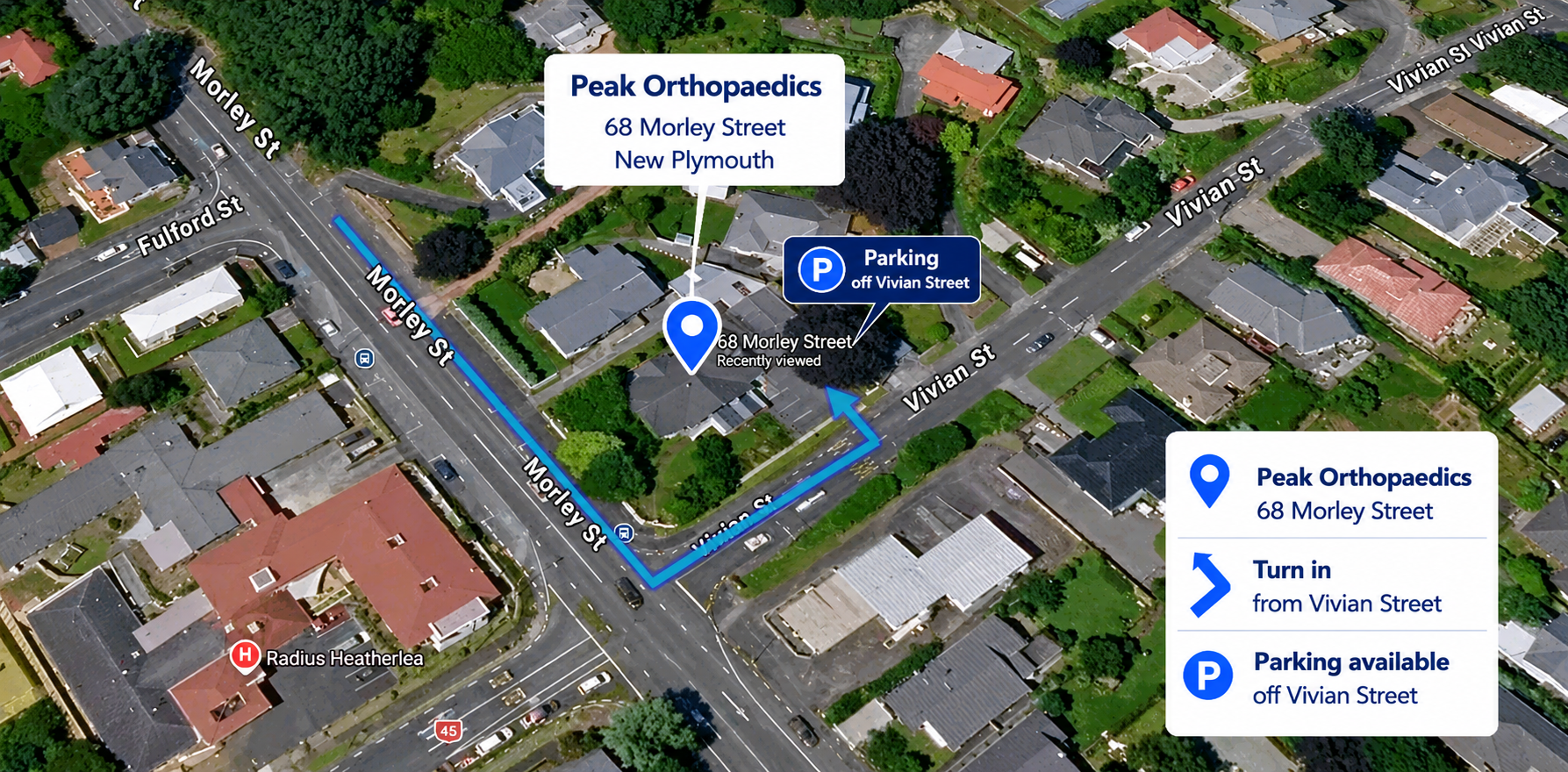 Aerial location map showing Peak Orthopaedics at 68 Morley Street with parking access off Vivian Street in New Plymouth.