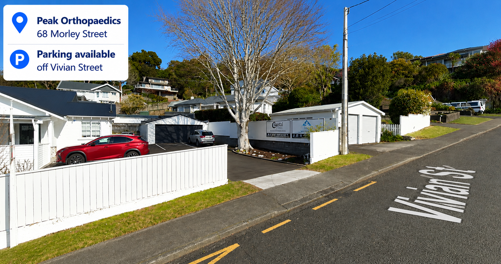 Patient parking area for Peak Orthopaedics, accessed via Vivian Street in New Plymouth.