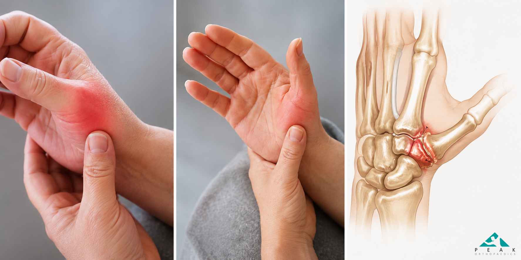 Medical illustration and clinical images showing thumb CMC arthritis and pain at the base of the thumb