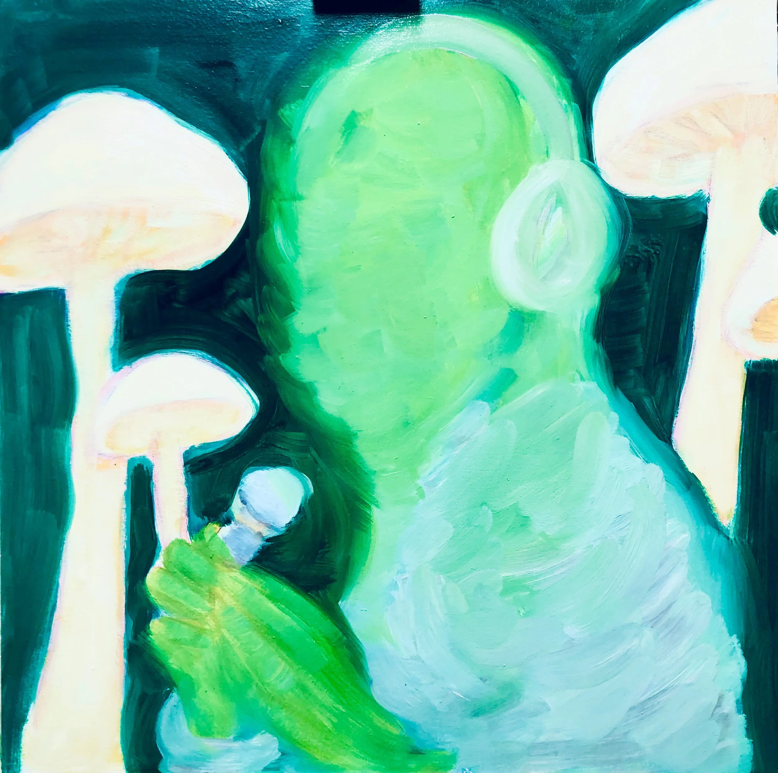 Field Recording with Funghi, underpainting, oil on panel, 24"x24"