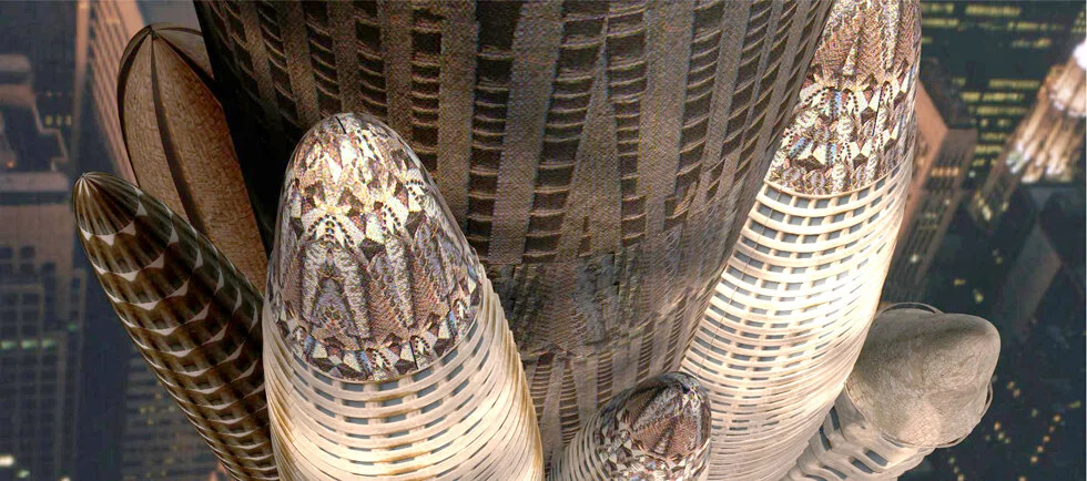 First Illusion About Antonio G. in New York, 1994 Philippe Paul Froesch Ellen Sandor & (art)n: Stephan Meyers, Janine Fron and Craig Ahmer 40”x24” Virtual Photograph/PHSCologram: Cibachrome, Kodalth, Plexiglas A digitally reconstructed extract from the complete picture series, "12 Illusions about Antonio G. in NY". The original series contains images of architect Antonio Gaudi's concept to construct a modernist skyscraper in New York City in 1908. The hotel should have been 1,017 feet (310 m) high, and would have competed with the luxurious Waldorf Astoria.