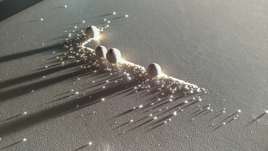 Light casting shadows on the sand and clay in Mizzonk's Tracing Probabilities, emphasizing the interplay between impermanence and the emergence of ideas.