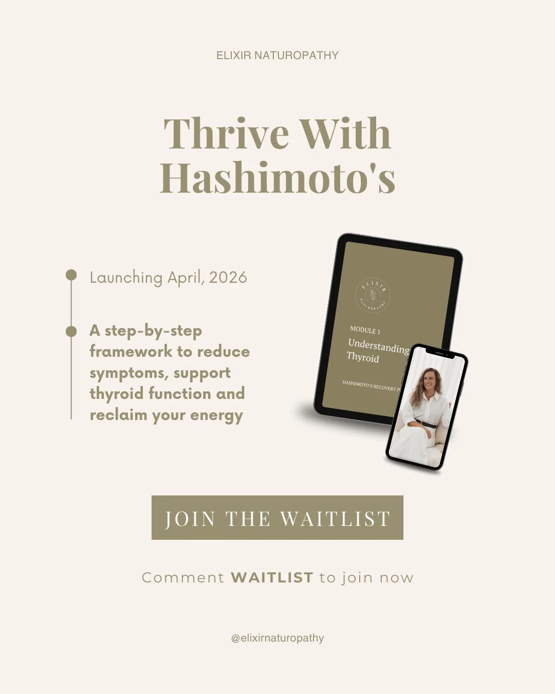 Something new is coming 💫 ⁠
⁠
Thrive with Hashimoto's is officially launching April 2026.⁠
⁠
It includes 5 simple online modules in a step-by-step, self paced, framework designed to help you:⁠
〜 Reduce symptoms ⁠
〜 Support thyroid and immune functio