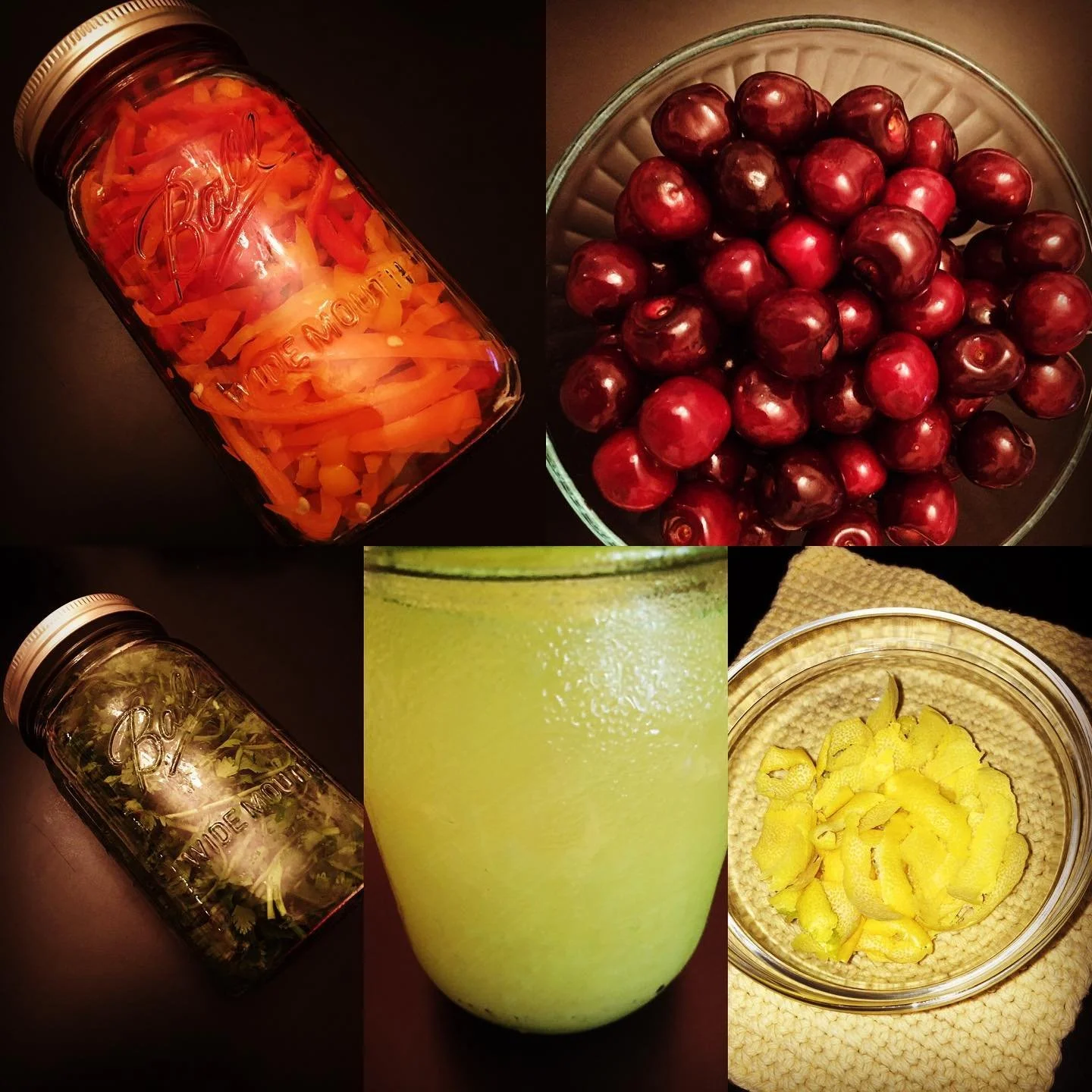 Sweet peppers, cherries, cilantro, lemon peel and lemon juice. Oh my!! Last evening I must have spent 7 hours with these fruits and vegetables. While it may seem like a lot of time, I beg to differ. This was time well spent caring for myself. Healing