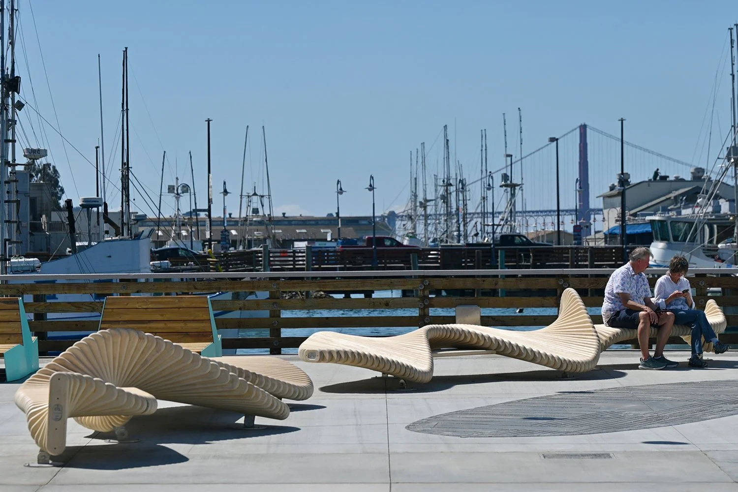 Wooden moveart sculpture installed in San Francisco's Fisherman's Wharf.