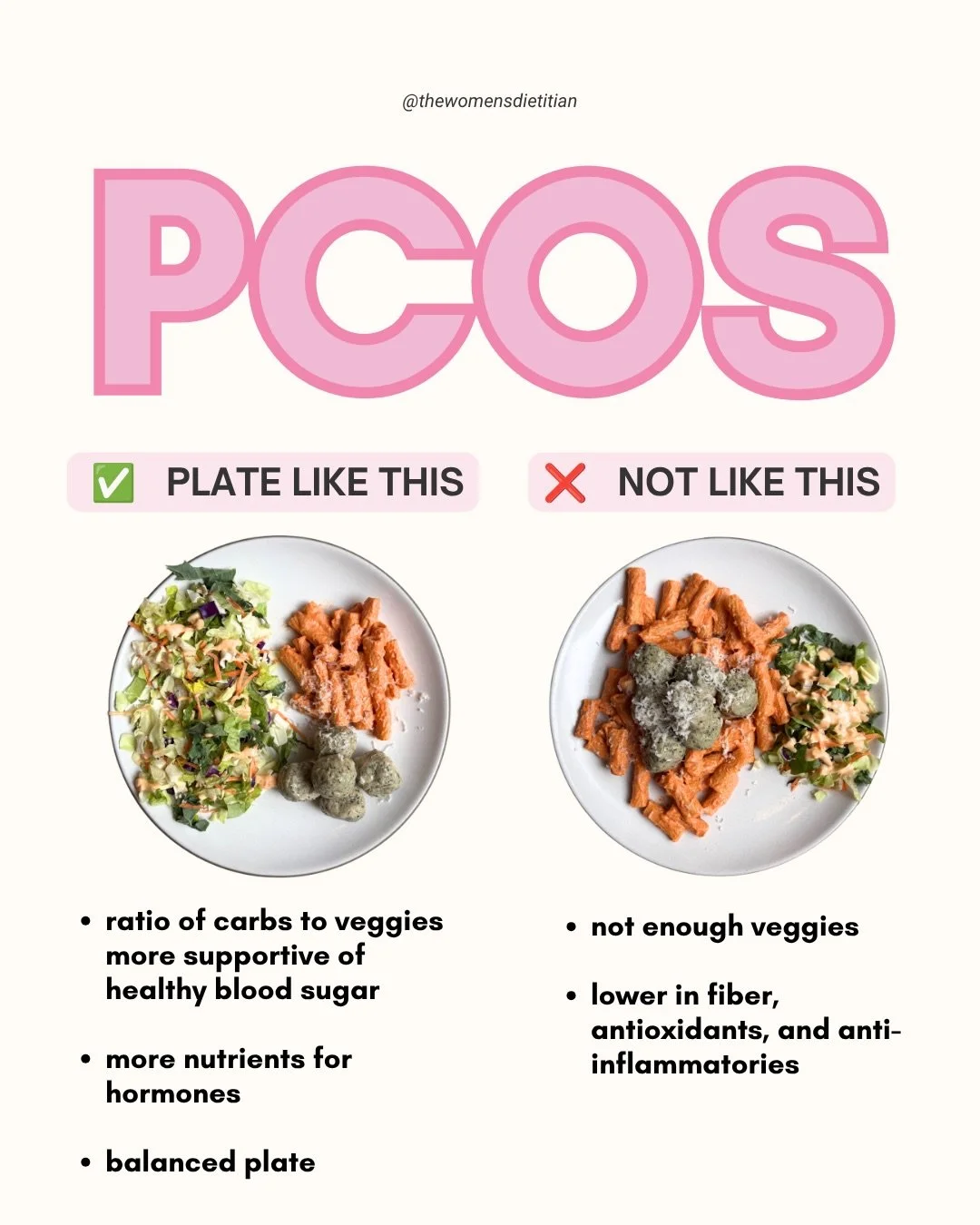 Why plating this way is so important for our PCOS aka PMOS👇

A good rule of thumb when plating (really any dish!) is to pile half your plate with veggies 🥕🥬🥗 These are high in fiber + anti-inflammatories and will keep you fuller, longer. Next, ad