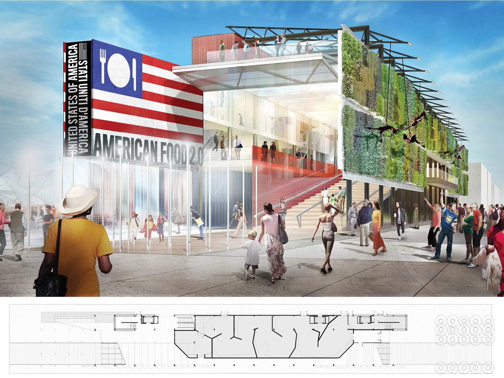  The financial reality of The USA Pavilion rested largely on private donations, sponsorships and contributions. In order to sell the future success of the Pavilion and build partnerships, inspiring renderings such as this one were developed to commun