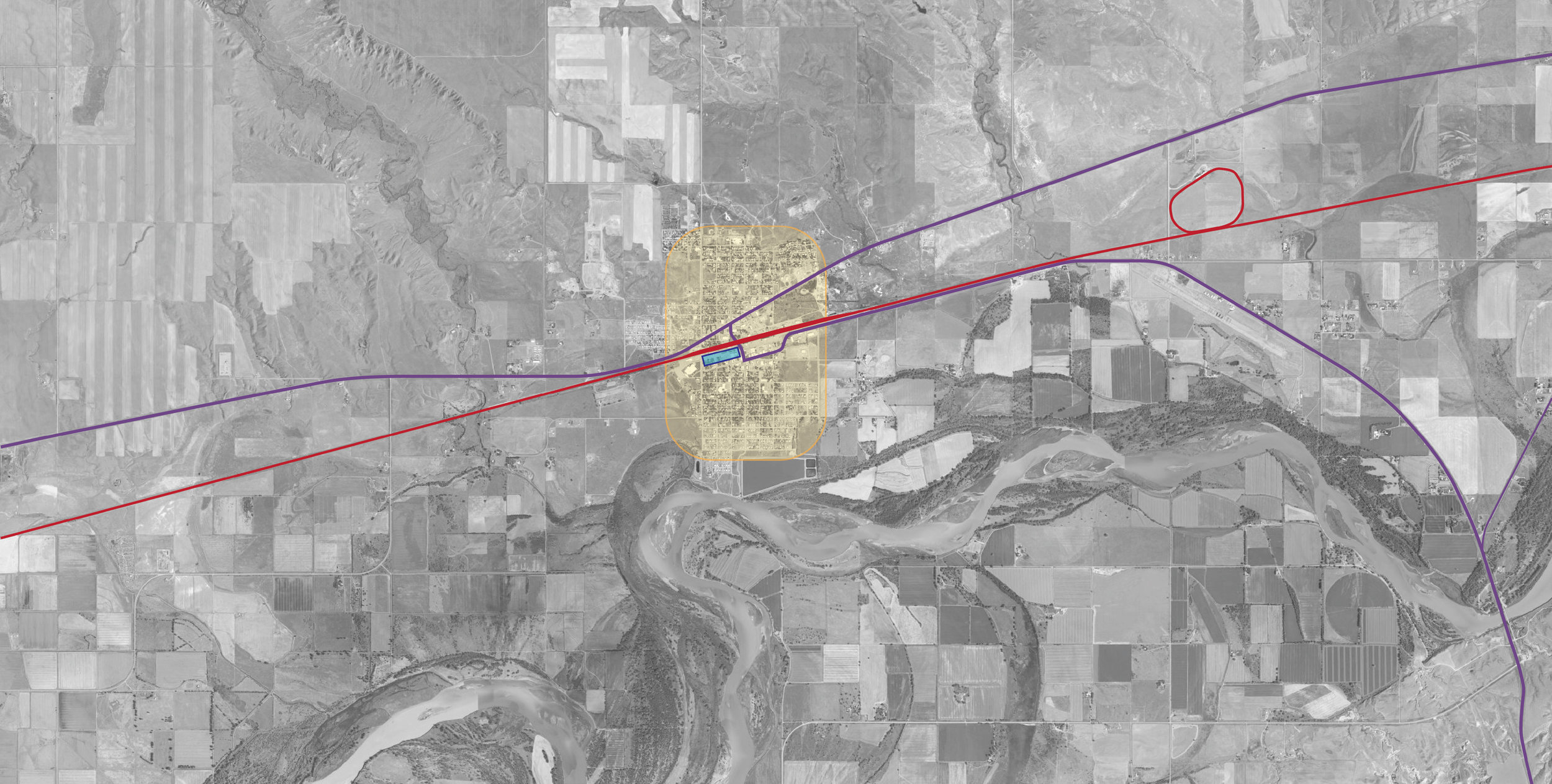  Wolf Point, MT  general town limits with major roads and rail lines 