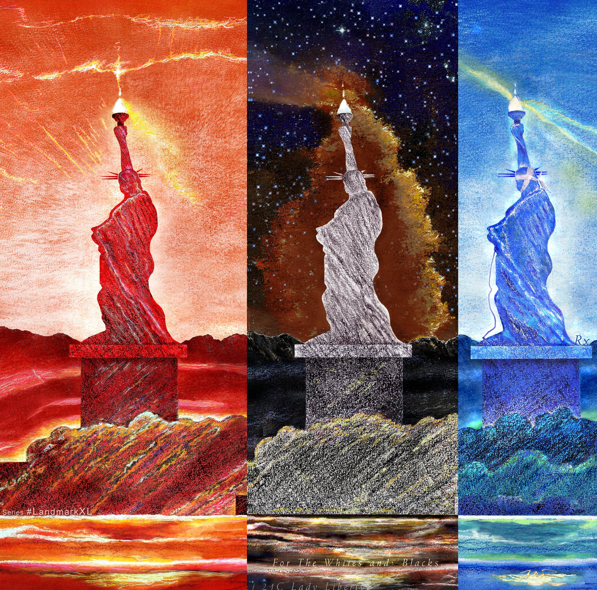 The LANDSCAPE OF 21C LADY LIBERTY Tryptych For The Reds to Yellows, Whites with Blacks, And A Spectrum of Blues_44 x 96in