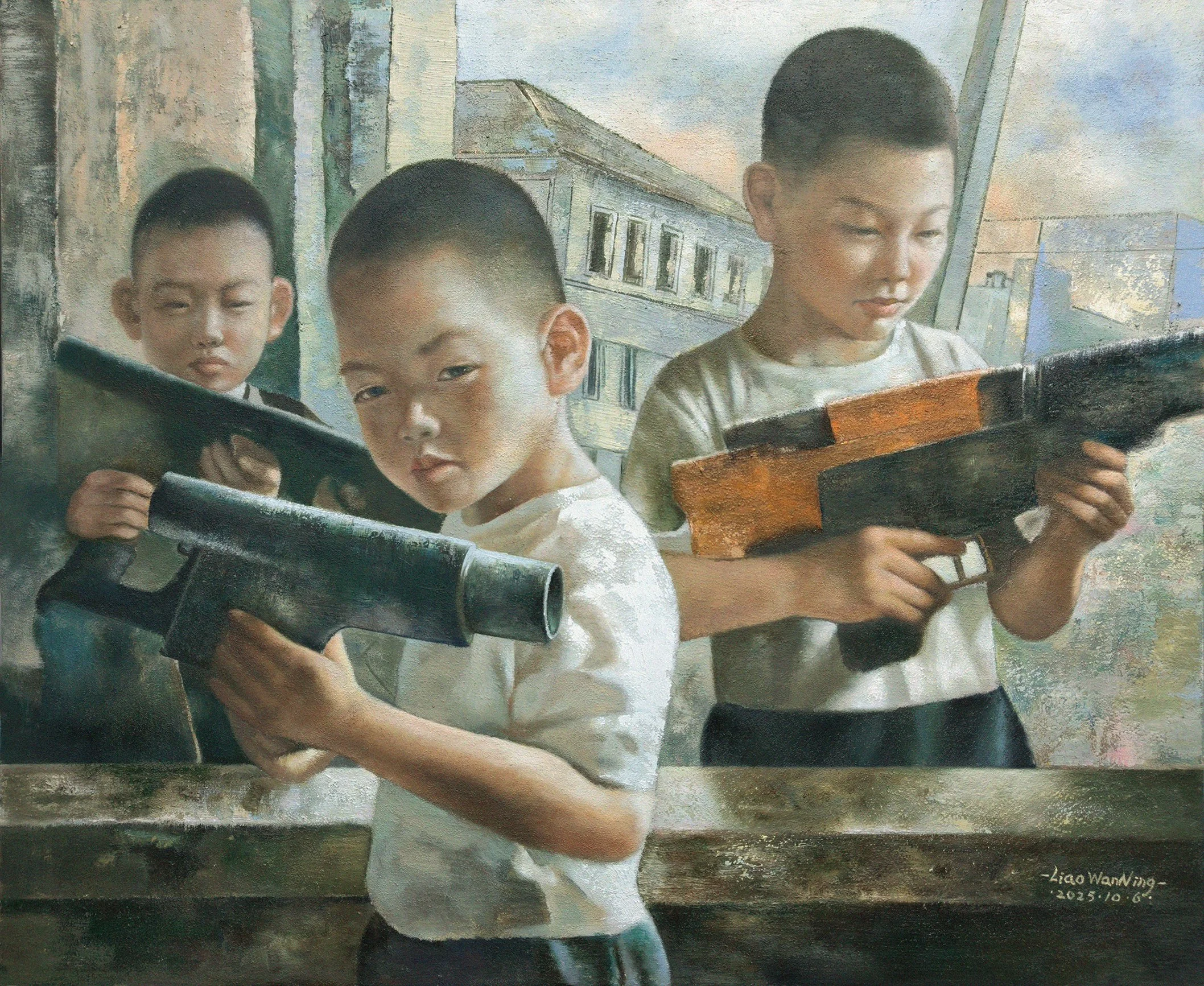 Three Water Gun Shooters, Oil Painting on Canvas, 35.43×23.62in，2025