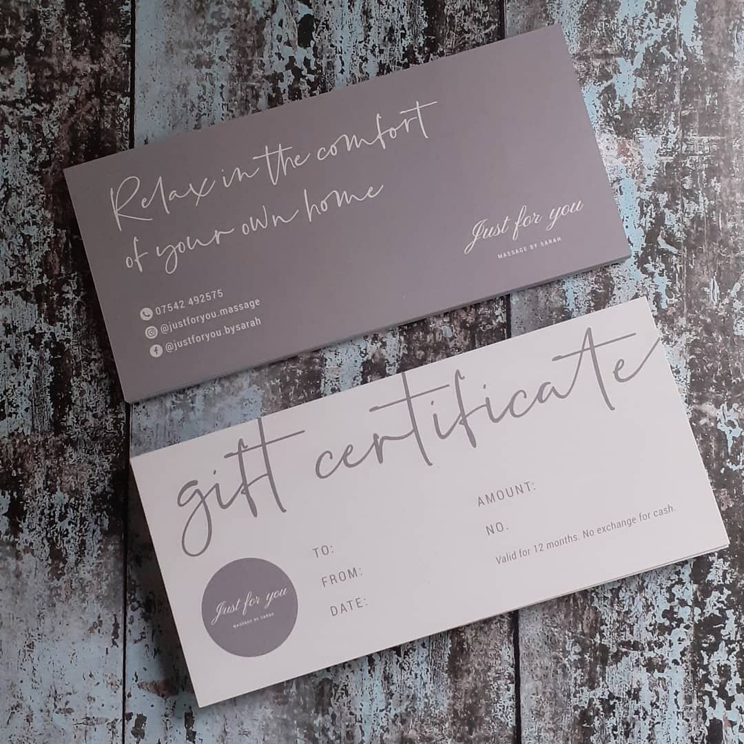 Gift certificates designed and printing arranged for the lovely Sarah at @justforyou.massage check out her page for relaxing massages in the comfort of your own home 🧖&zwj;♀️
&bull;
Kindly printed on recycled card stock which gives a beautiful matte