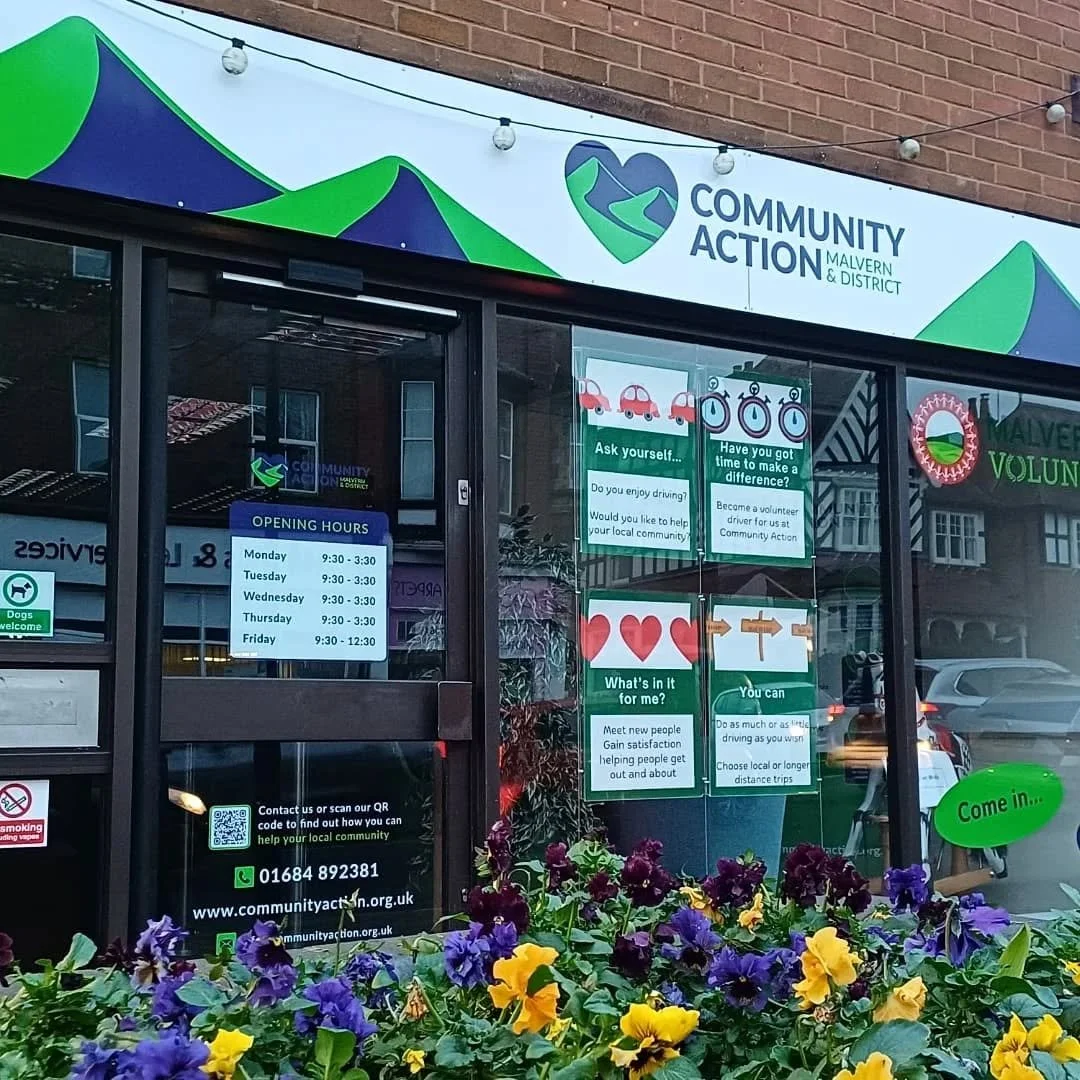 Out with the old, in with the new! ✨

Fresh signage and window stickers&nbsp;designed&nbsp;for Community Action Malvern &amp; District in Malvern Link. We opted for white and green text, offering much better visibility than red&nbsp;text on windows.
