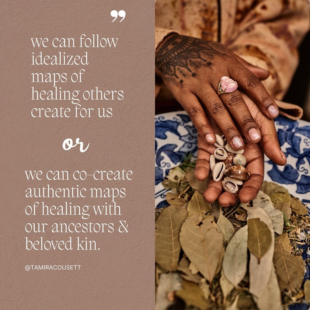 may we
trust ourselves
trust our ancestors
trust our kinfolk
trust our ecology
👁️&zwj;🗨️
[image shows medium brown hands holding cowrie shells over a large blue and white bowl filled with dried leaves and herbs. quote reads we can co-create authent